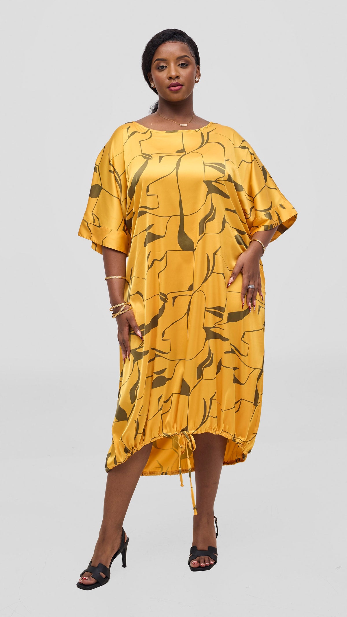 Vivo Liora Drawstring Midi Dress - Mustard / Grey Ziza Print