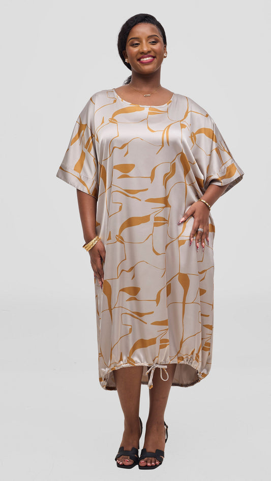Vivo Liora Drawstring Midi Dress - Grey / Mustard Ziza Print