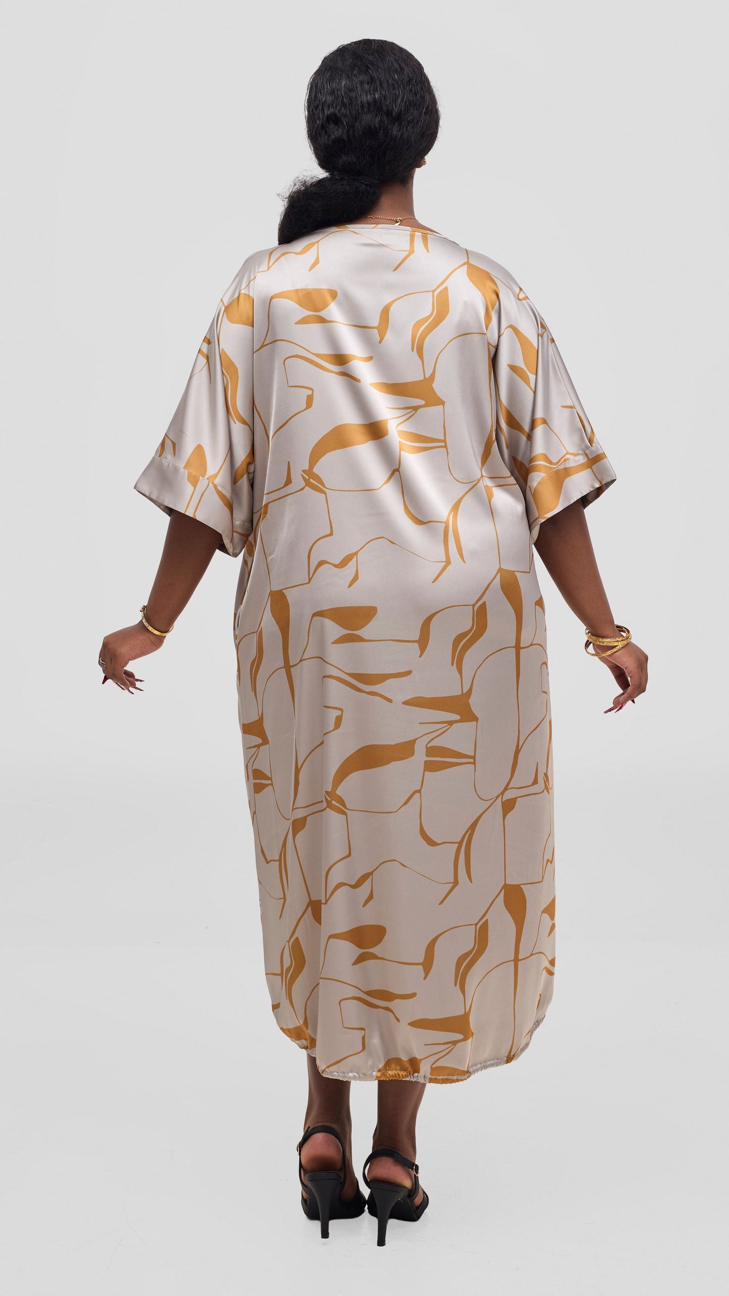 Vivo Liora Drawstring Midi Dress - Grey / Mustard Ziza Print