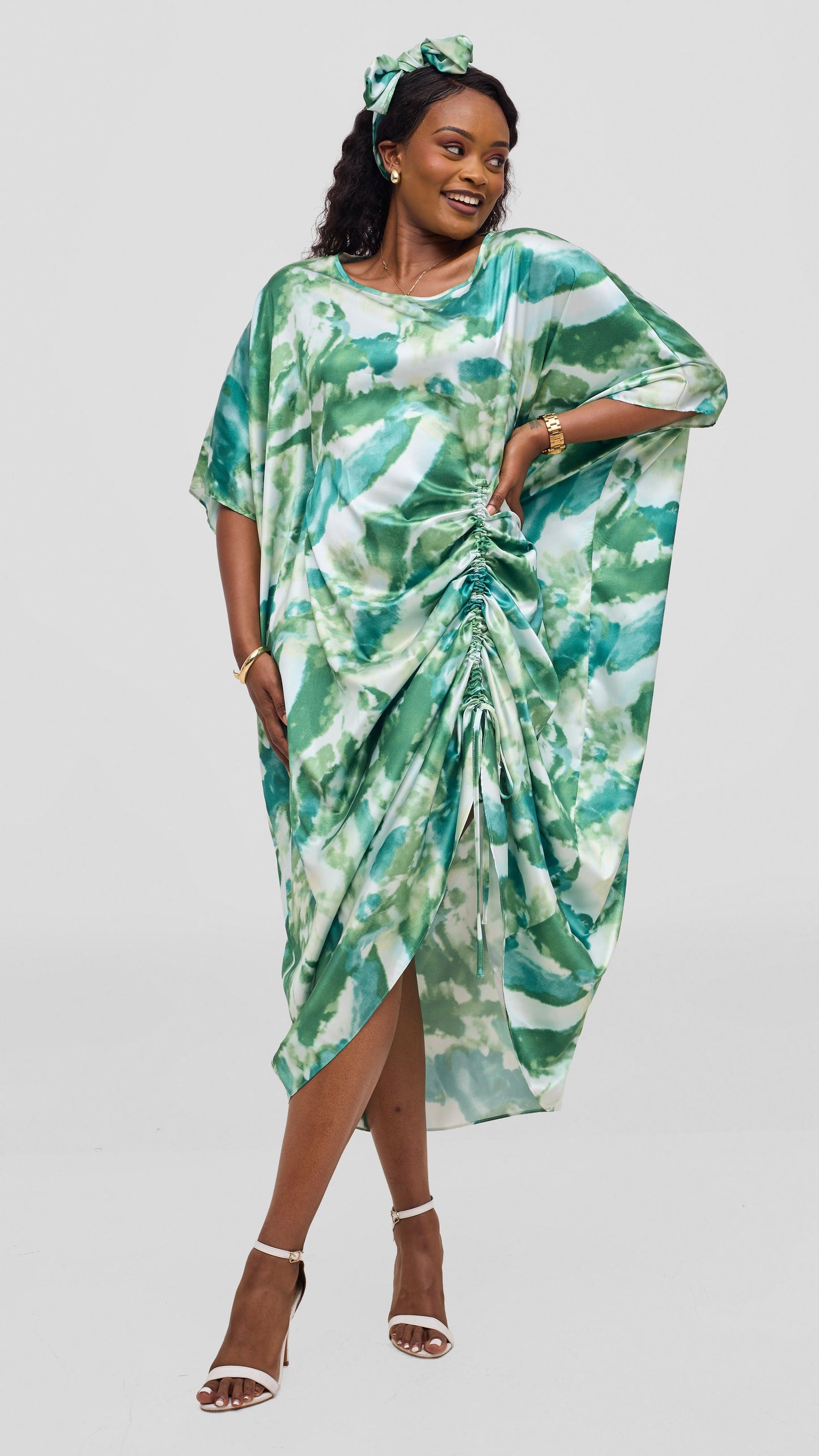 Vivo Liora Side Drawstring Kaftan Dress - Mint Green Print