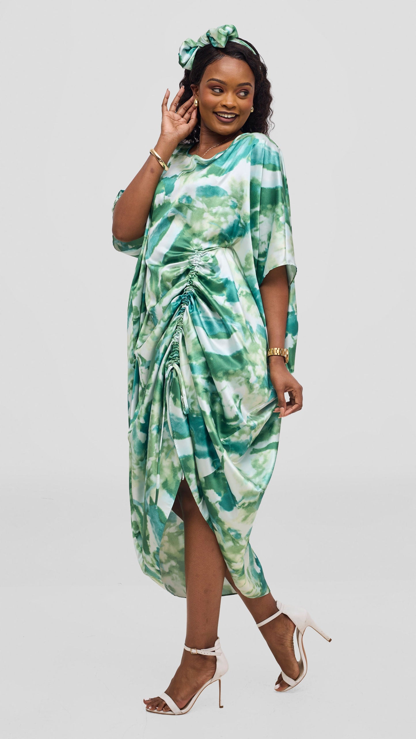 Vivo Liora Side Drawstring Kaftan Dress - Mint Green Print