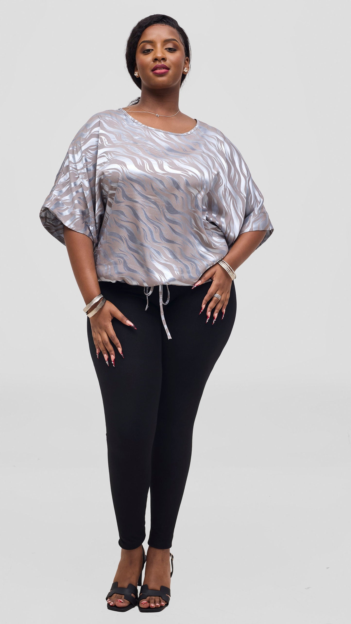 Vivo Liora Satin Drawstring Kimono Sleeve Top - Baby Blue Textured Print