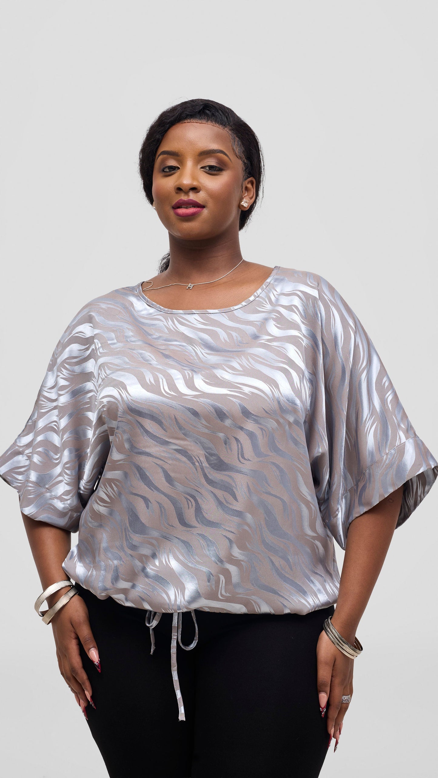 Vivo Liora Satin Drawstring Kimono Sleeve Top - Baby Blue Textured Print