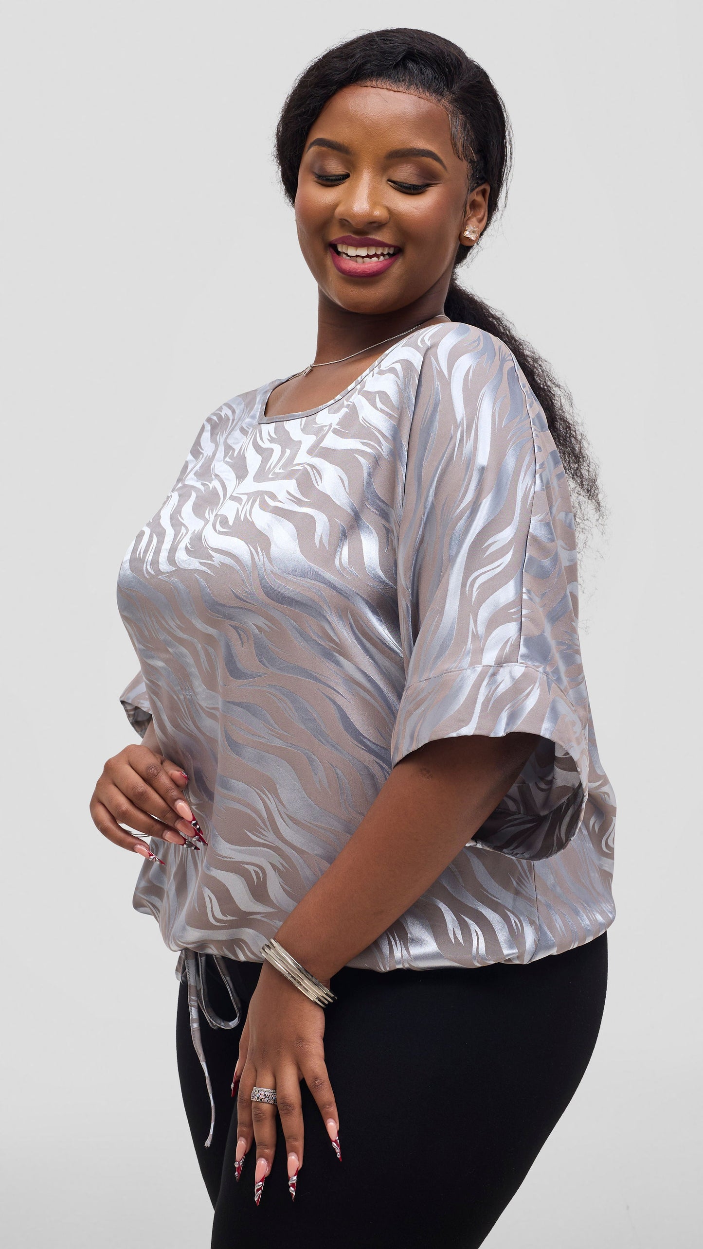 Vivo Liora Satin Drawstring Kimono Sleeve Top - Baby Blue Textured Print