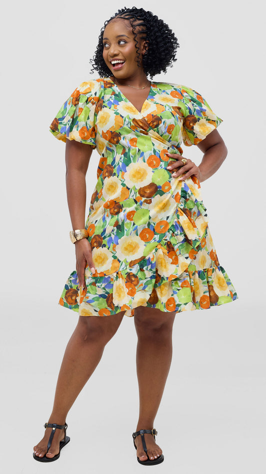 Safari by Vivo Cotton Wrap Dress - Orange / Green Print