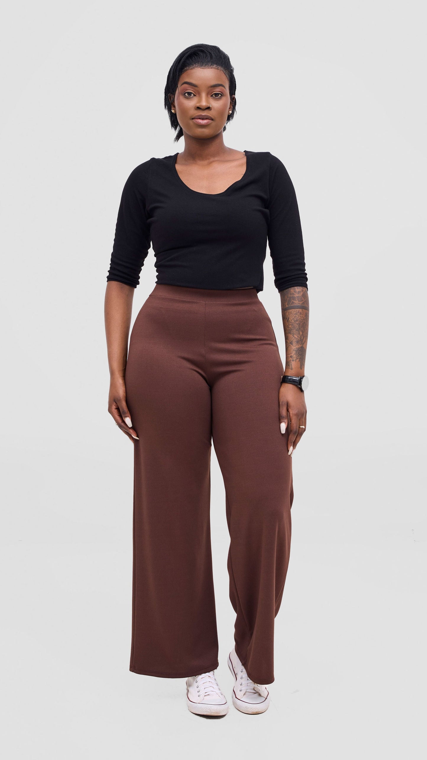 Vivo Selah Palazzo Pants in Stretch Rib Stretch Rib  - Chocolate