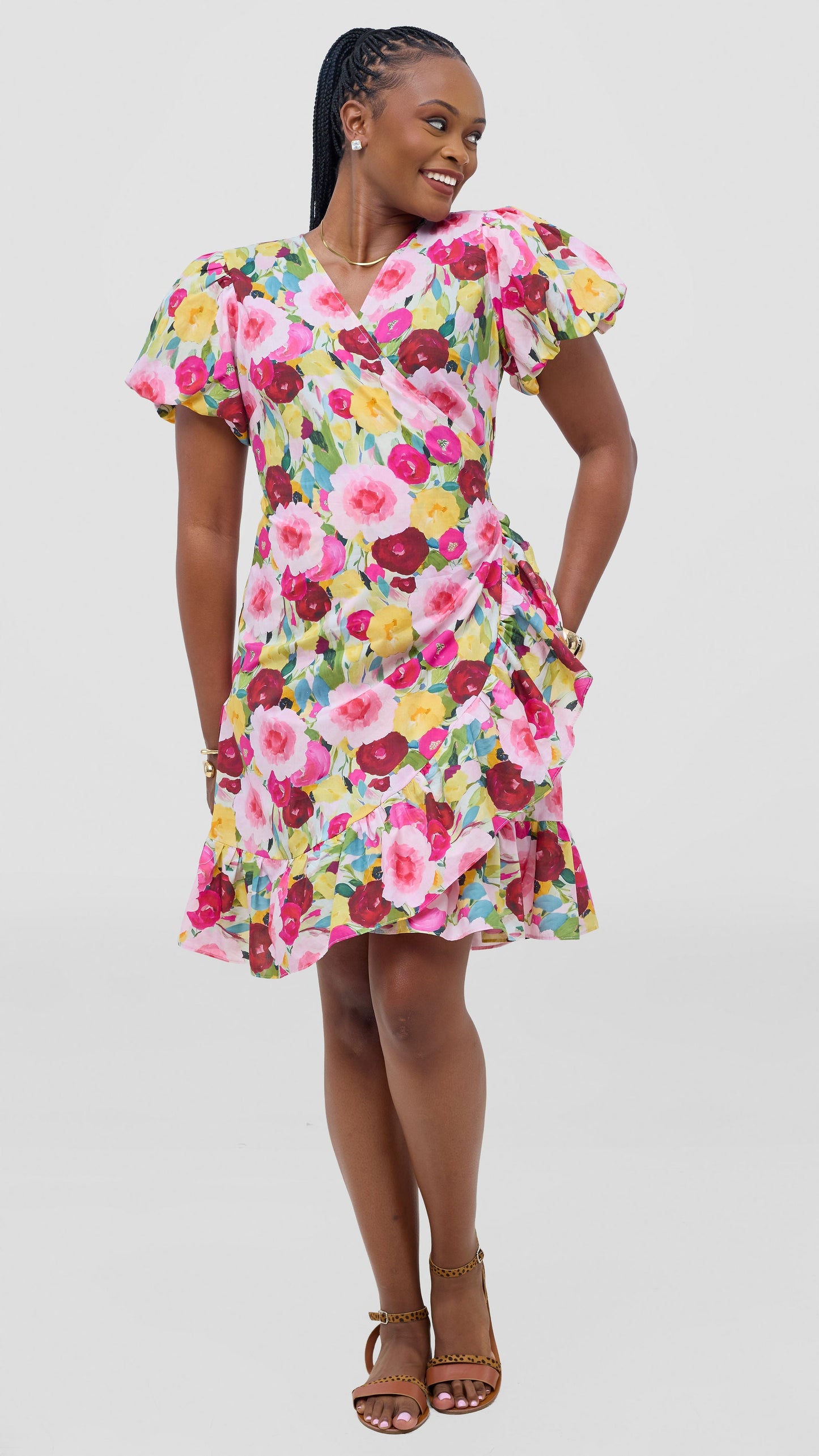 Safari by Vivo Cotton Wrap Dress - Yellow / Pink Print