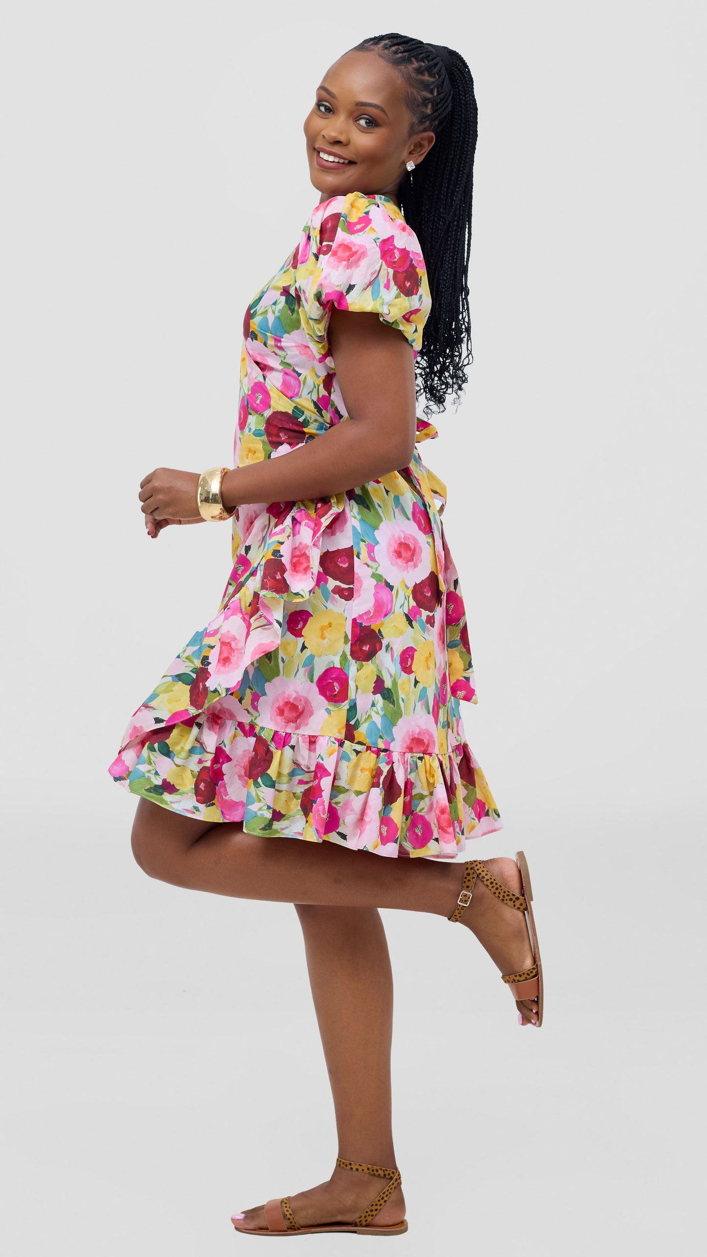 Safari by Vivo Cotton Wrap Dress - Yellow / Pink Print