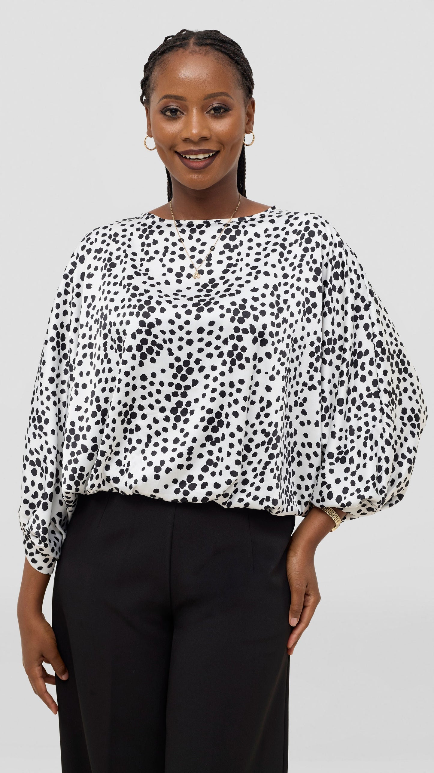 Vivo Sawari Crossed Cuff Batwing Top - White / Black Polka