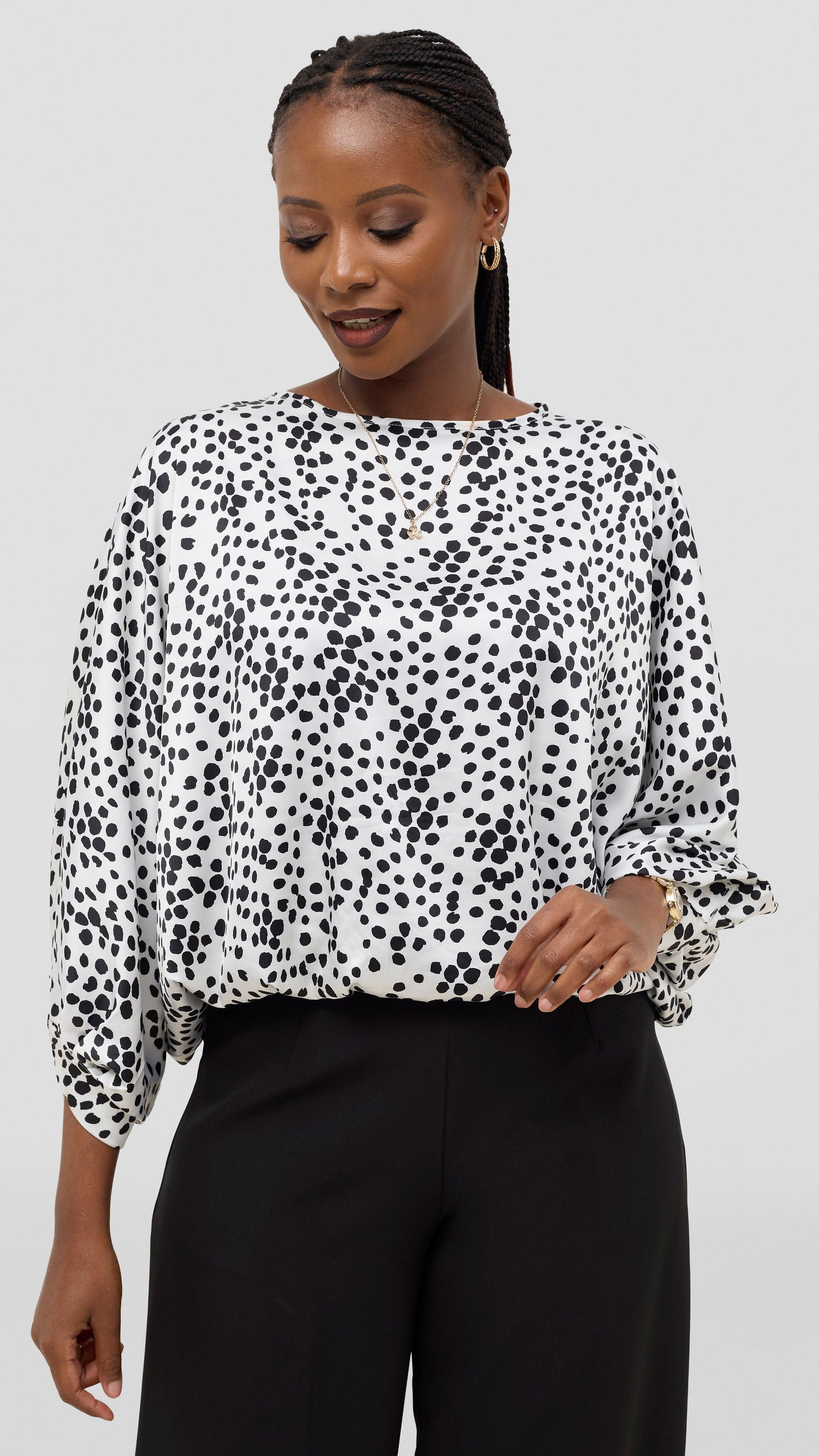 Vivo Sawari Crossed Cuff Batwing Top - White / Black Polka