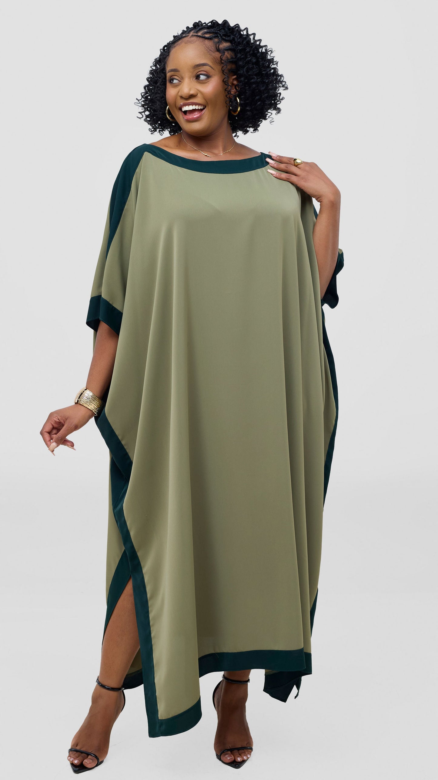 Vivo Liora Kaftan Border Maxi Dress - Olive Green