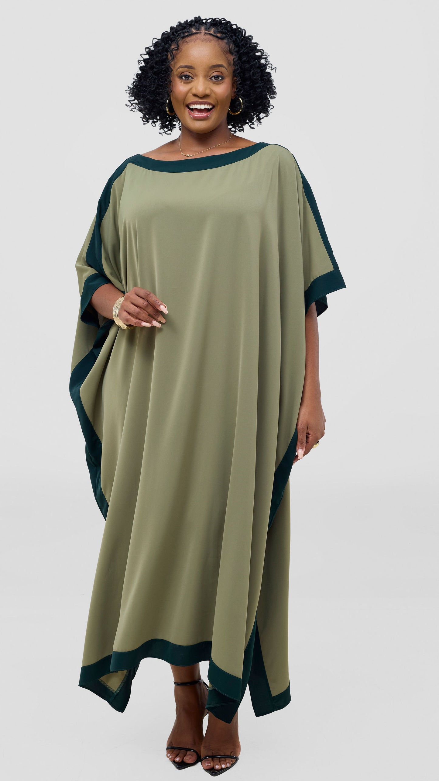 Vivo Liora Kaftan Border Maxi Dress - Olive Green