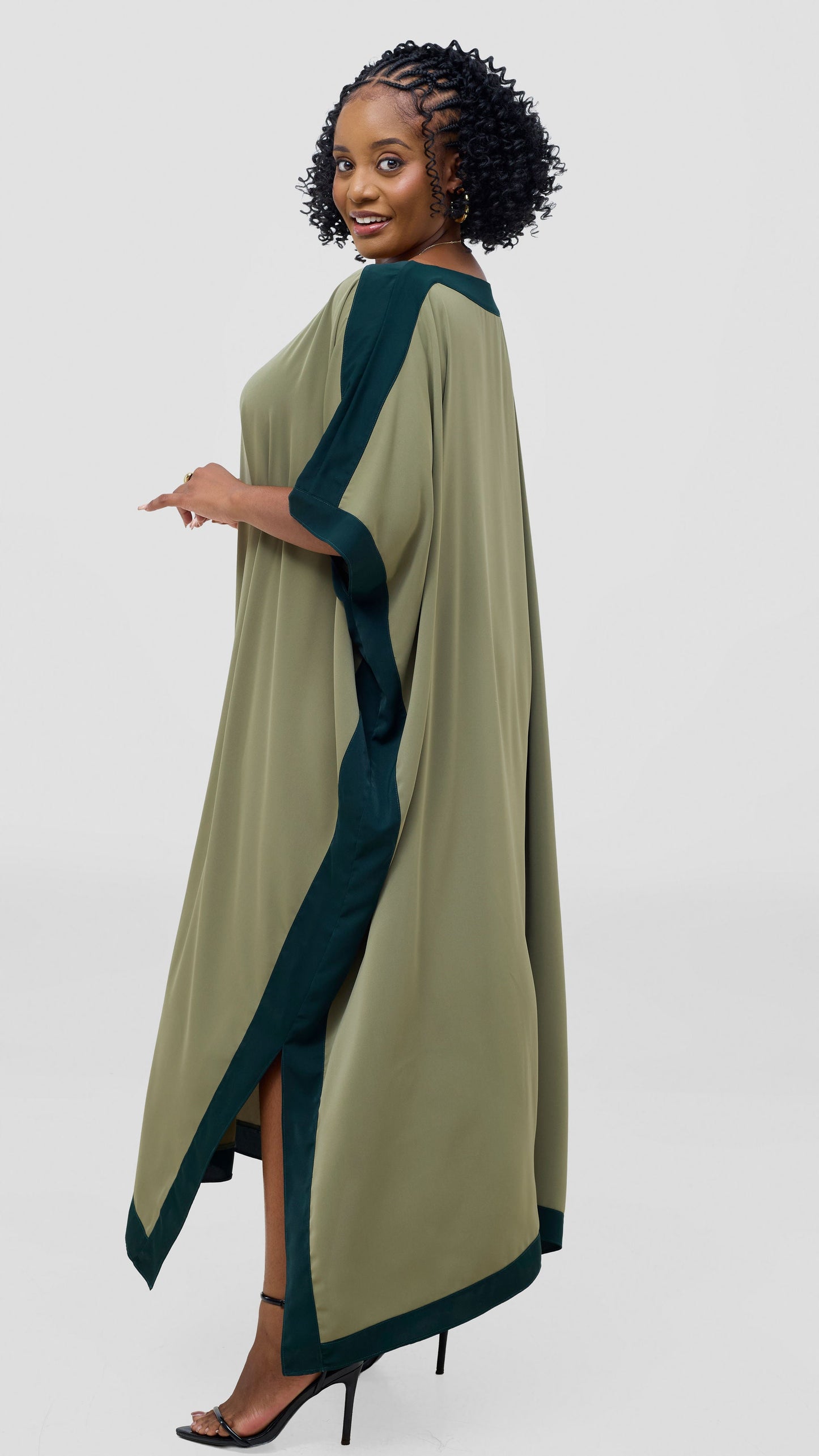 Vivo Liora Kaftan Border Maxi Dress - Olive Green
