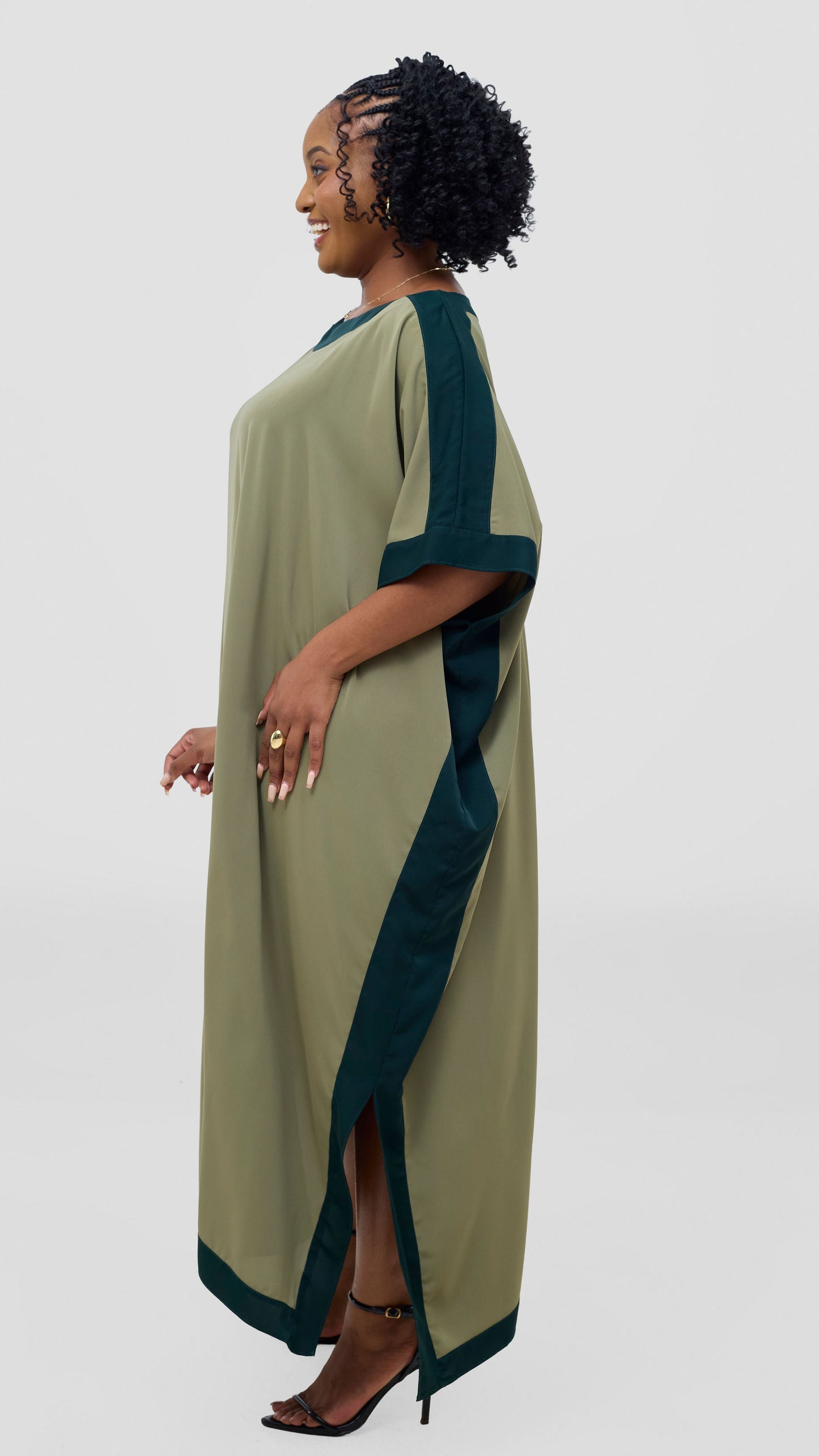 Vivo Liora Kaftan Border Maxi Dress - Olive Green