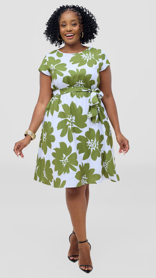 Vivo Basic Cap Sleeve Knee Length Dress - White / Olive Print