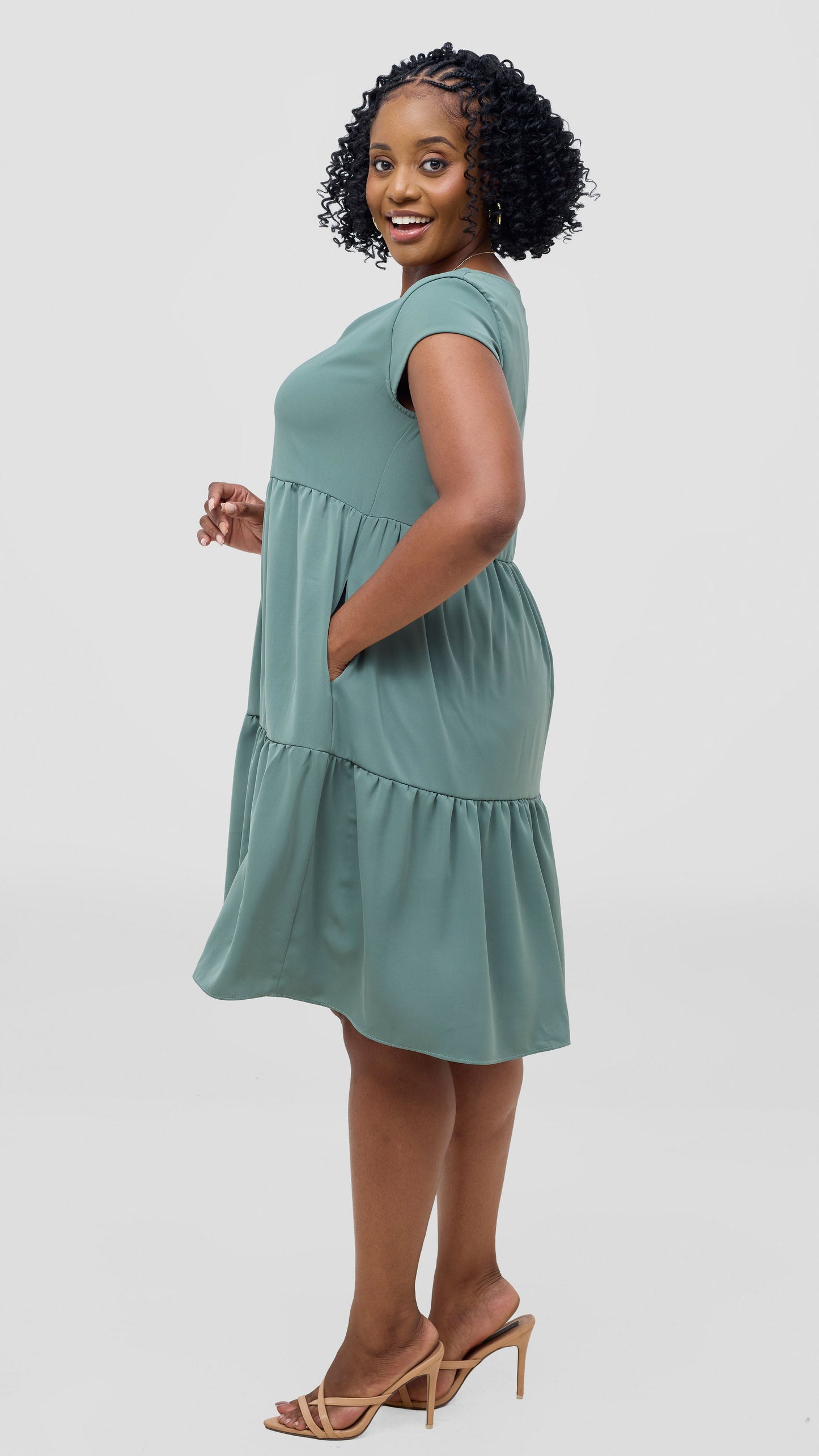 Vivo Pelia Round Neck Dress - Dusty Green