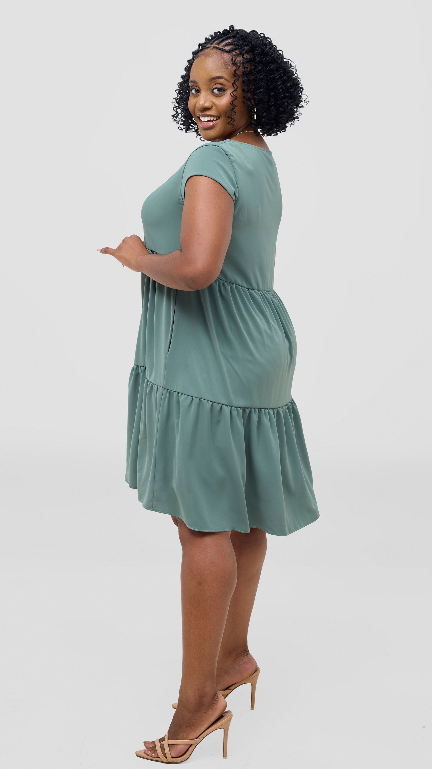 Vivo Pelia Round Neck Dress - Dusty Green