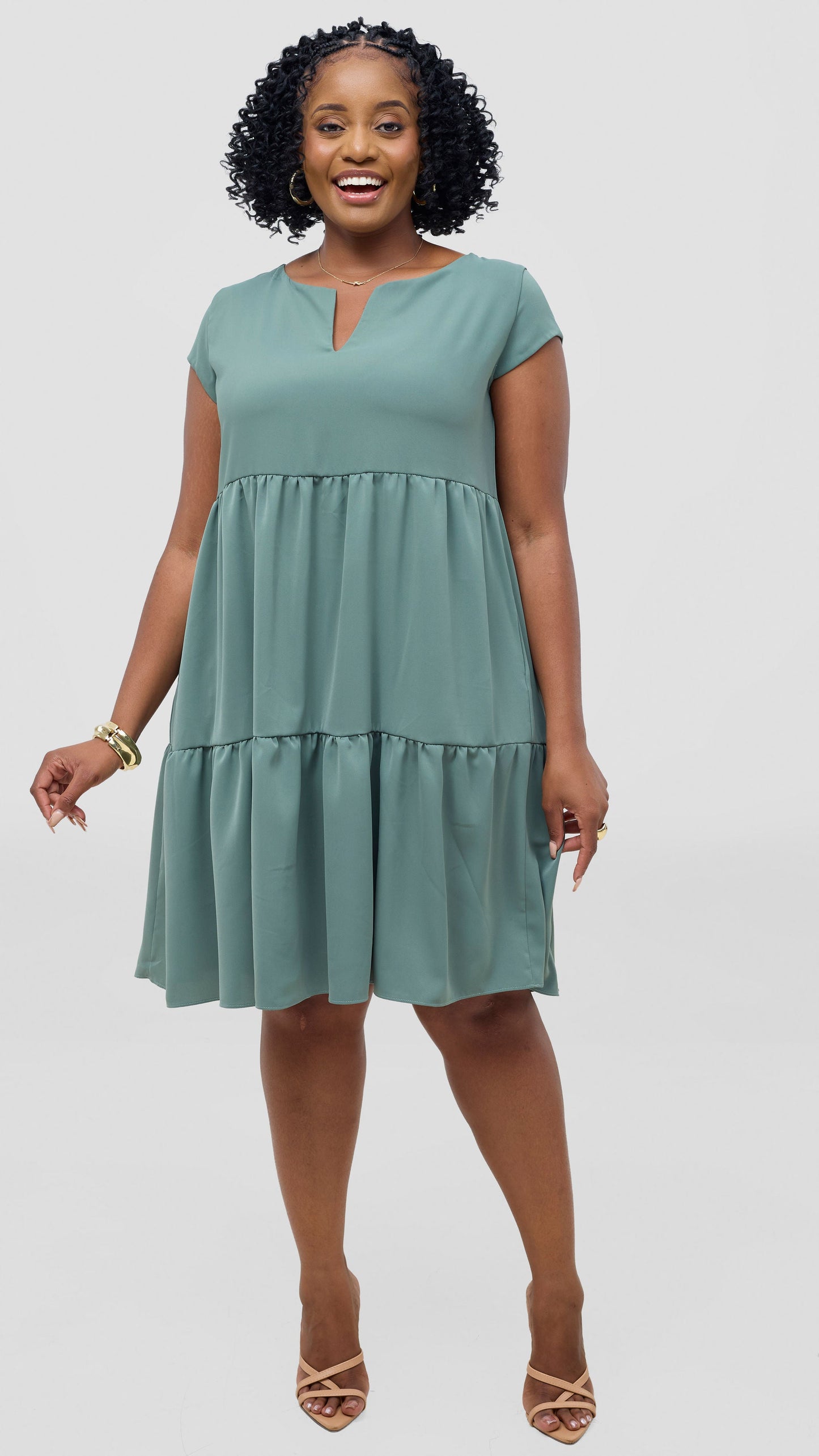 Vivo Pelia Round Neck Dress - Dusty Green