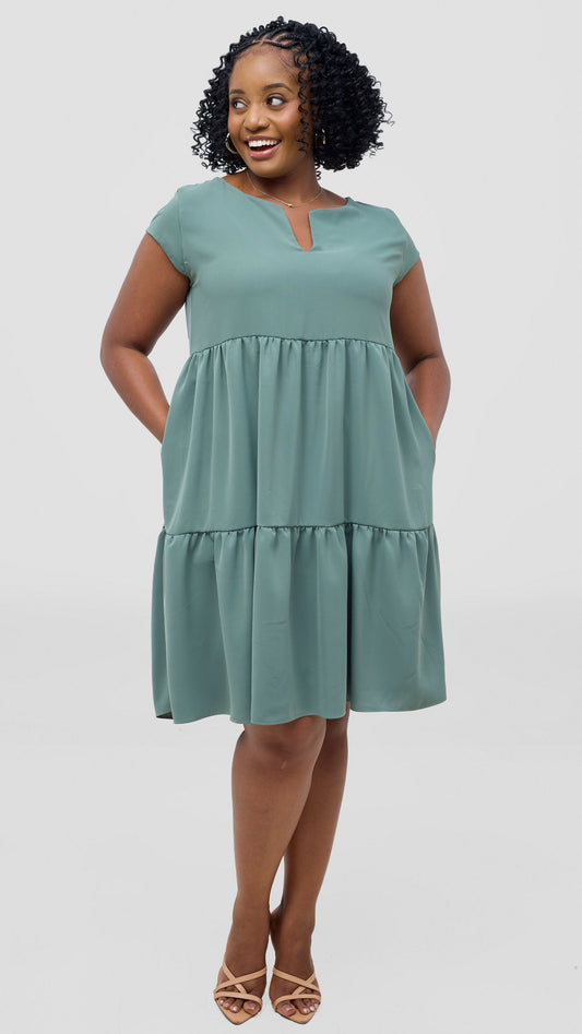 Vivo Pelia Round Neck Dress - Dusty Green