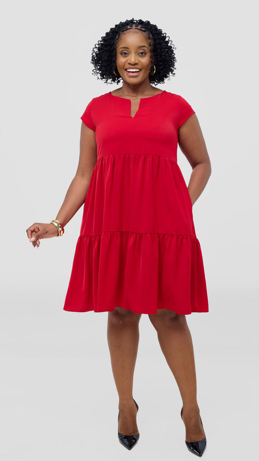 Vivo Pelia Round Neck Dress - Dark Red