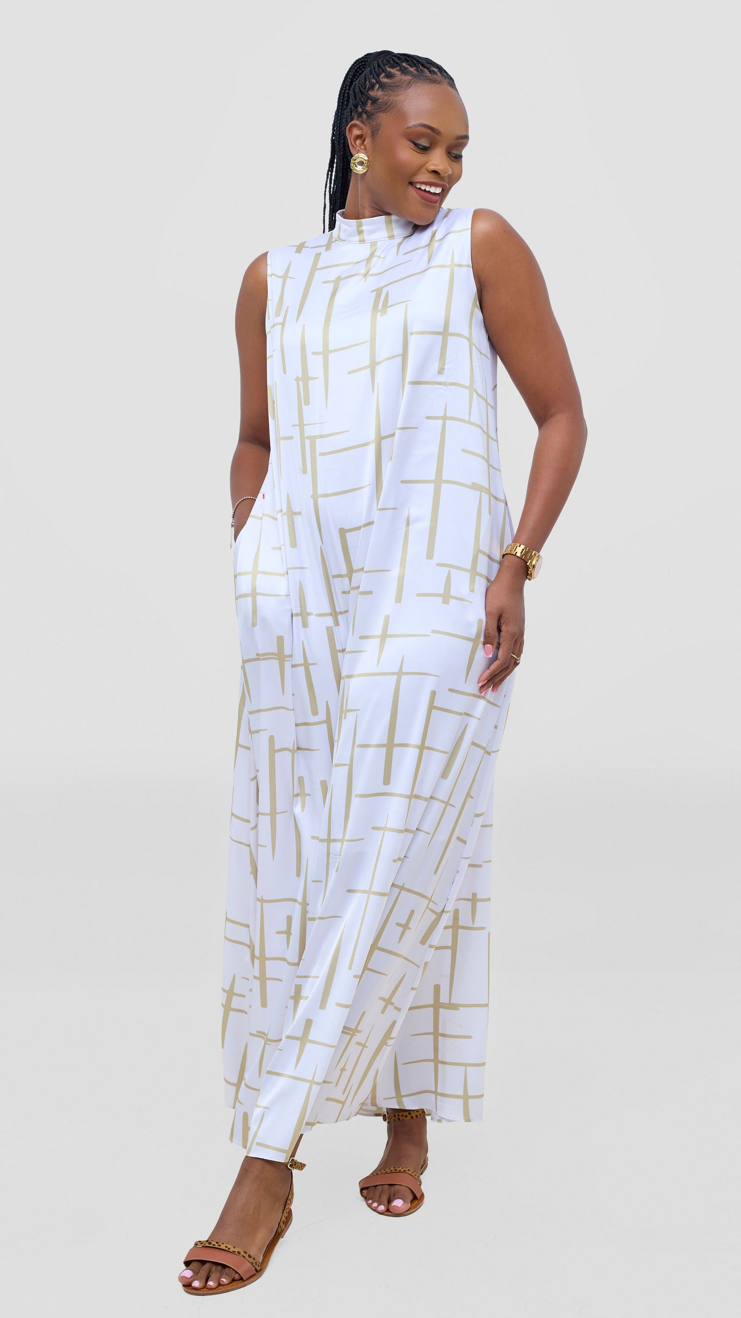 Vivo Thando Mock Neck Maxi Dress - White / Taupe Aria Print
