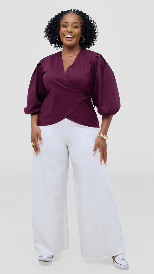 Vivo Cotton 3/4 Sleeve Wrap Top - Mulberry