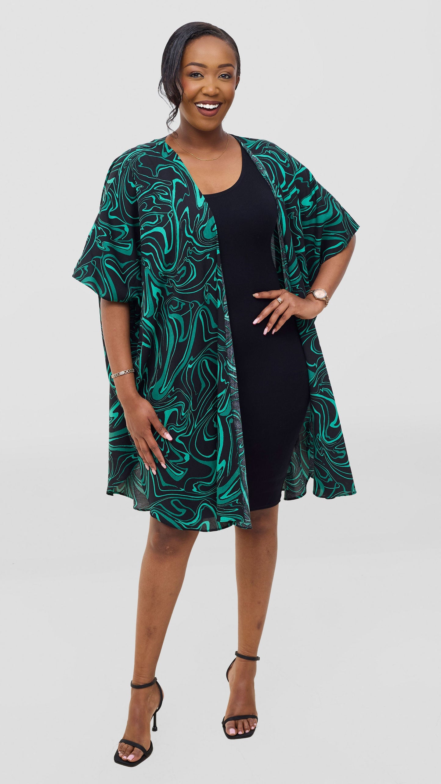 Vivo Samira Wide Kimono - Black / Green Print