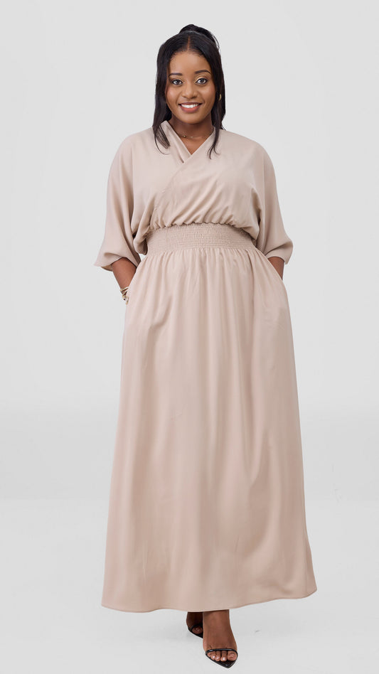 Vivo Iyana Shirred waist Maxi Dress - Beige