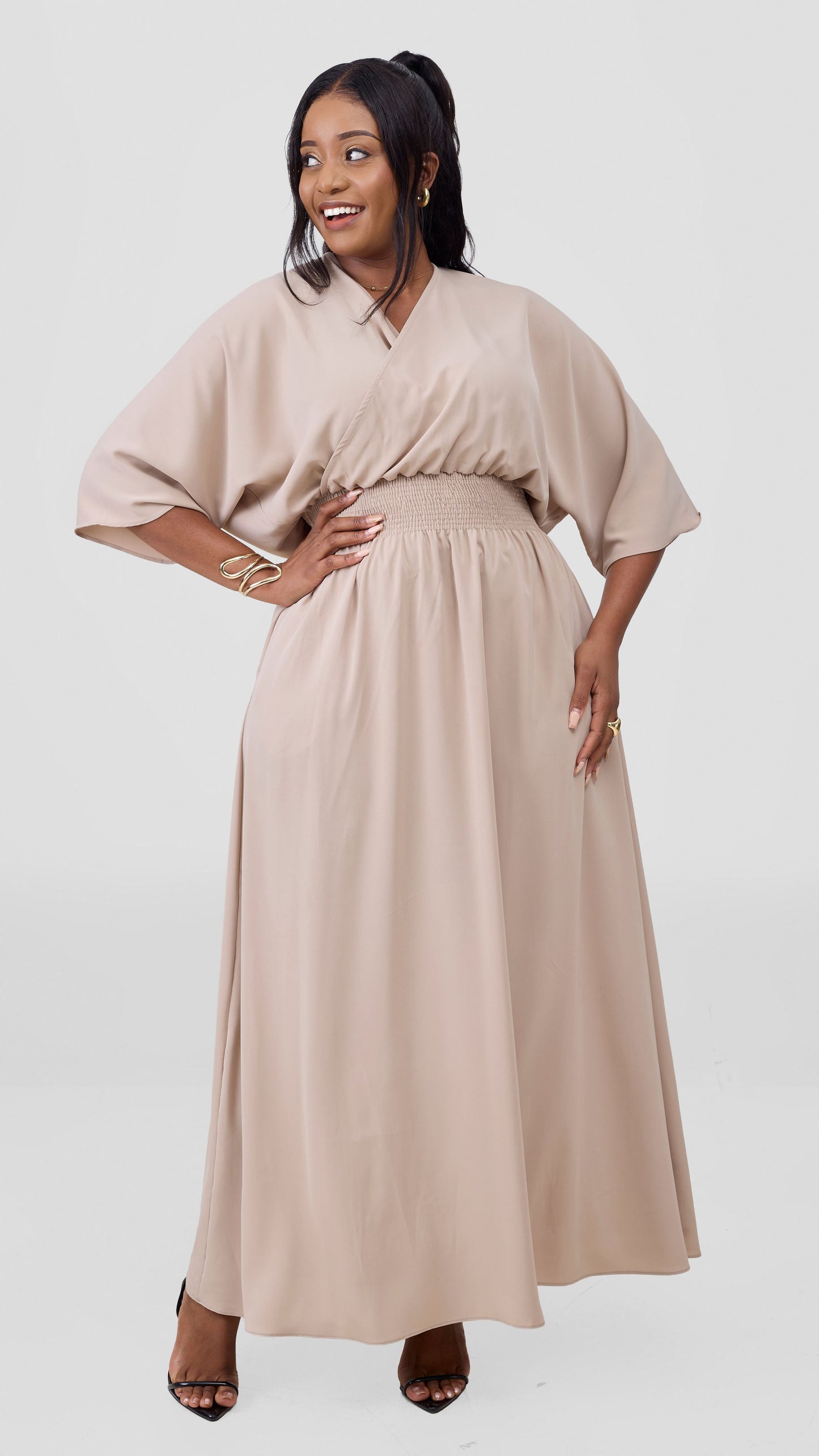 Vivo Iyana Shirred waist Maxi Dress - Beige