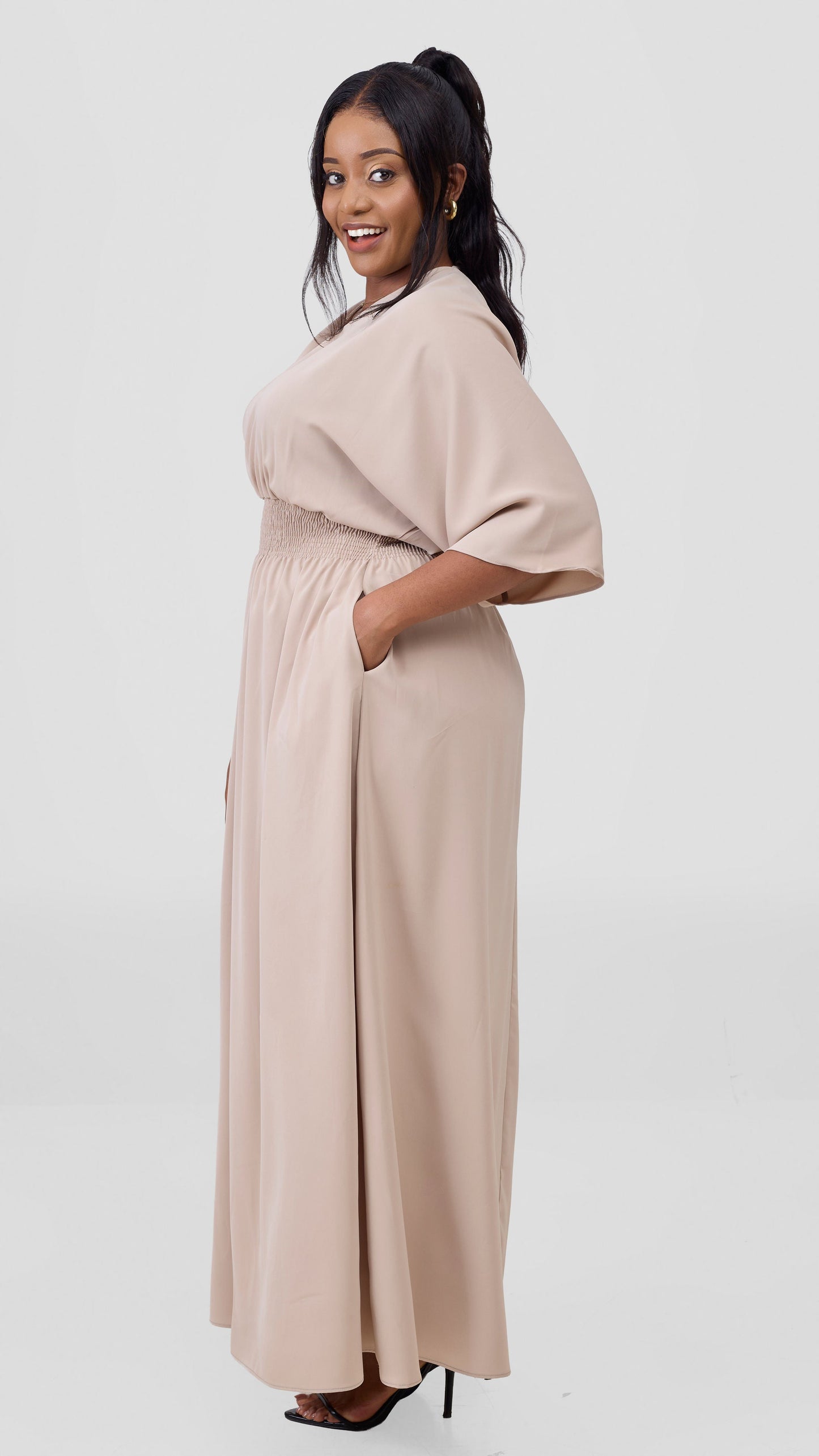 Vivo Iyana Shirred waist Maxi Dress - Beige