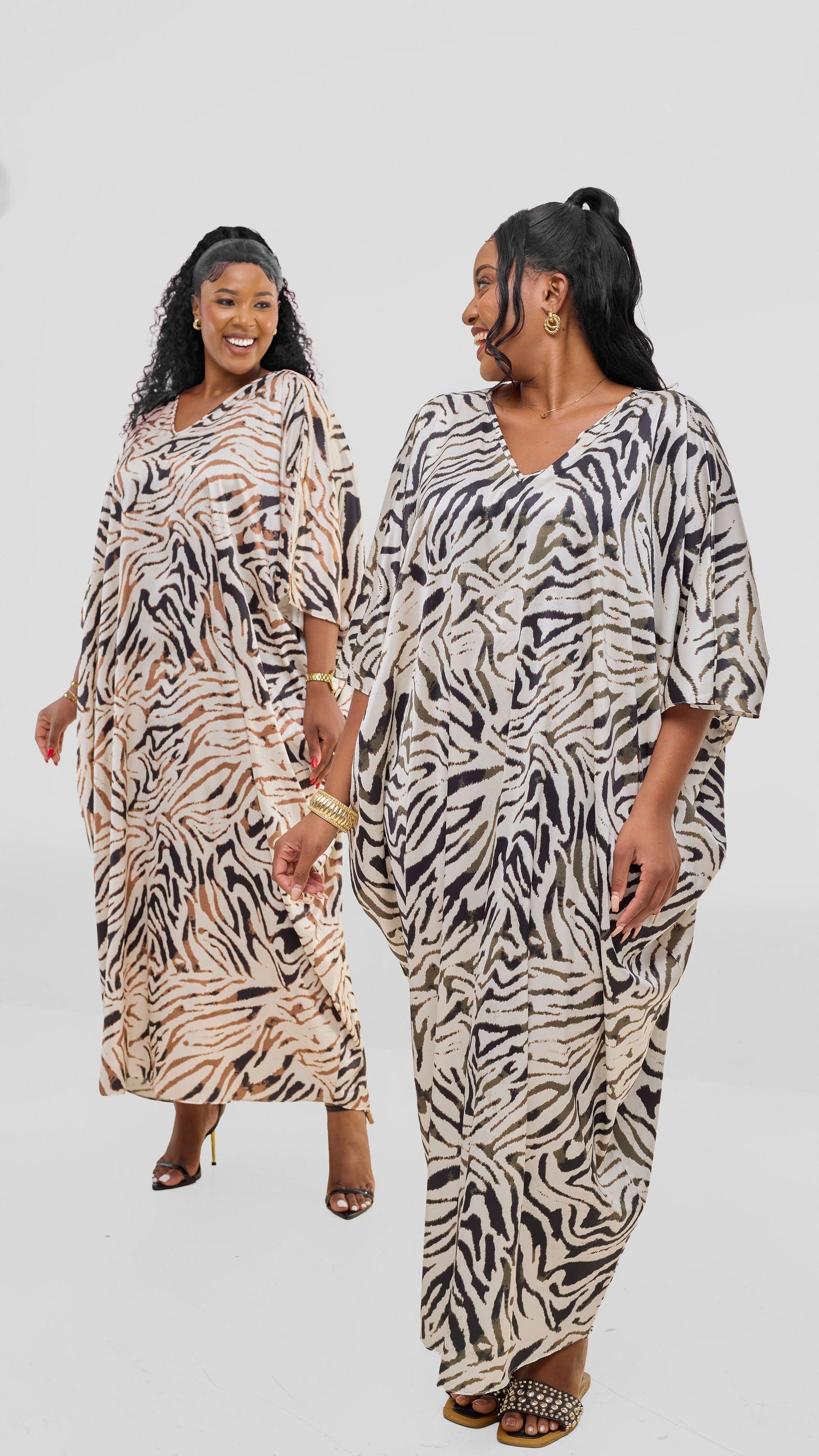 Vivo Keza V Neck Maxi Kaftan In Satin - Grey / White Print