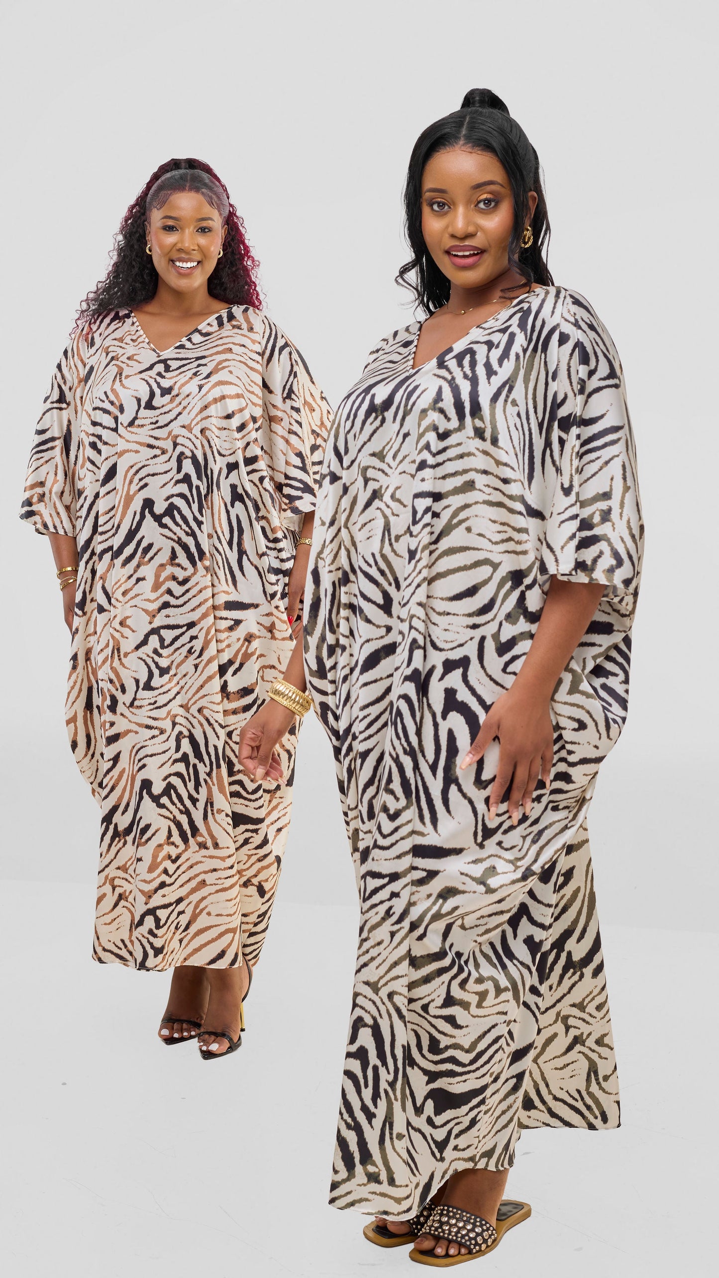 Vivo Keza V Neck Maxi Kaftan In Satin - Grey / White Print