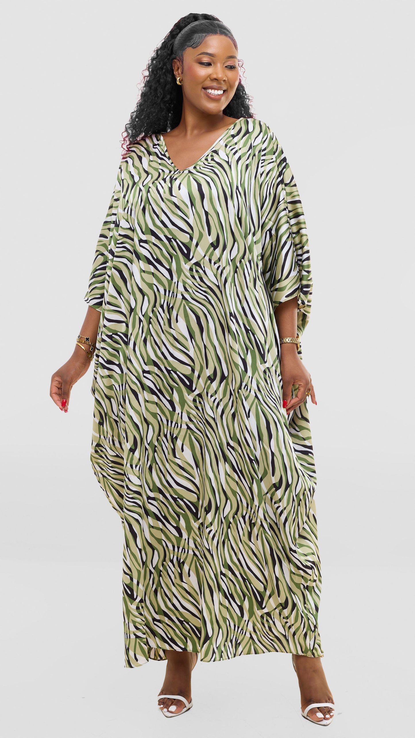 Vivo Keza V Neck Maxi Kaftan In Satin - Mint / Green Print