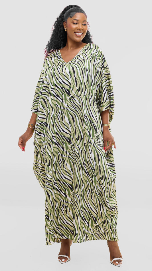 Vivo Keza V Neck Maxi Kaftan In Satin - Mint / Green Print