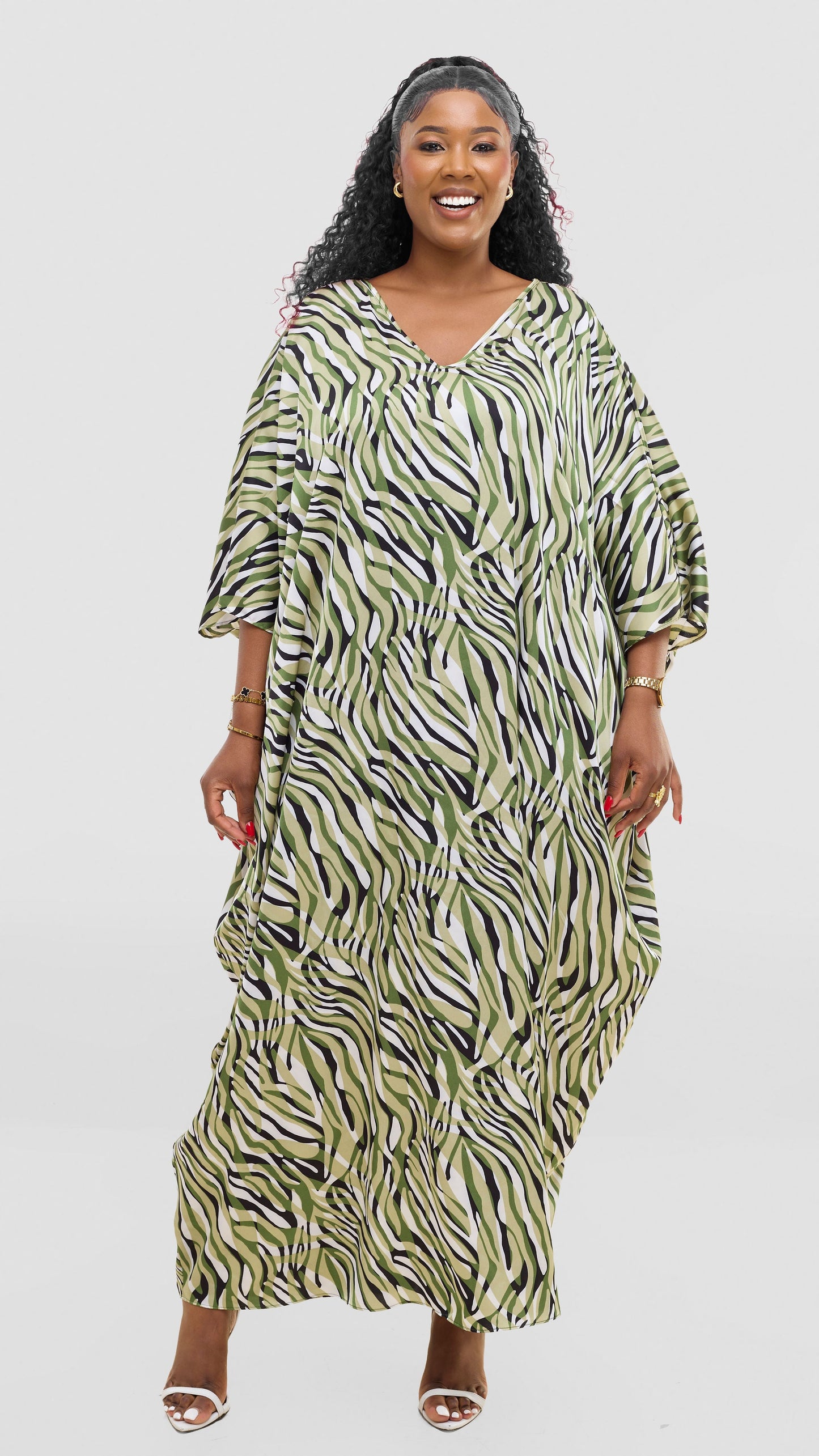 Vivo Keza V Neck Maxi Kaftan In Satin - Mint / Green Print