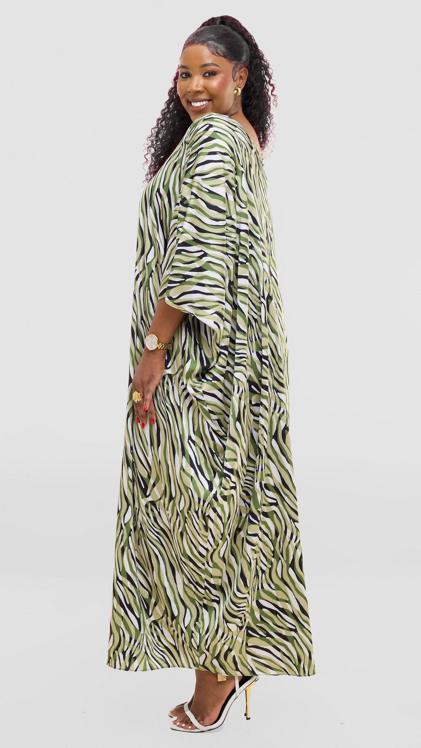Vivo Keza V Neck Maxi Kaftan In Satin - Mint / Green Print