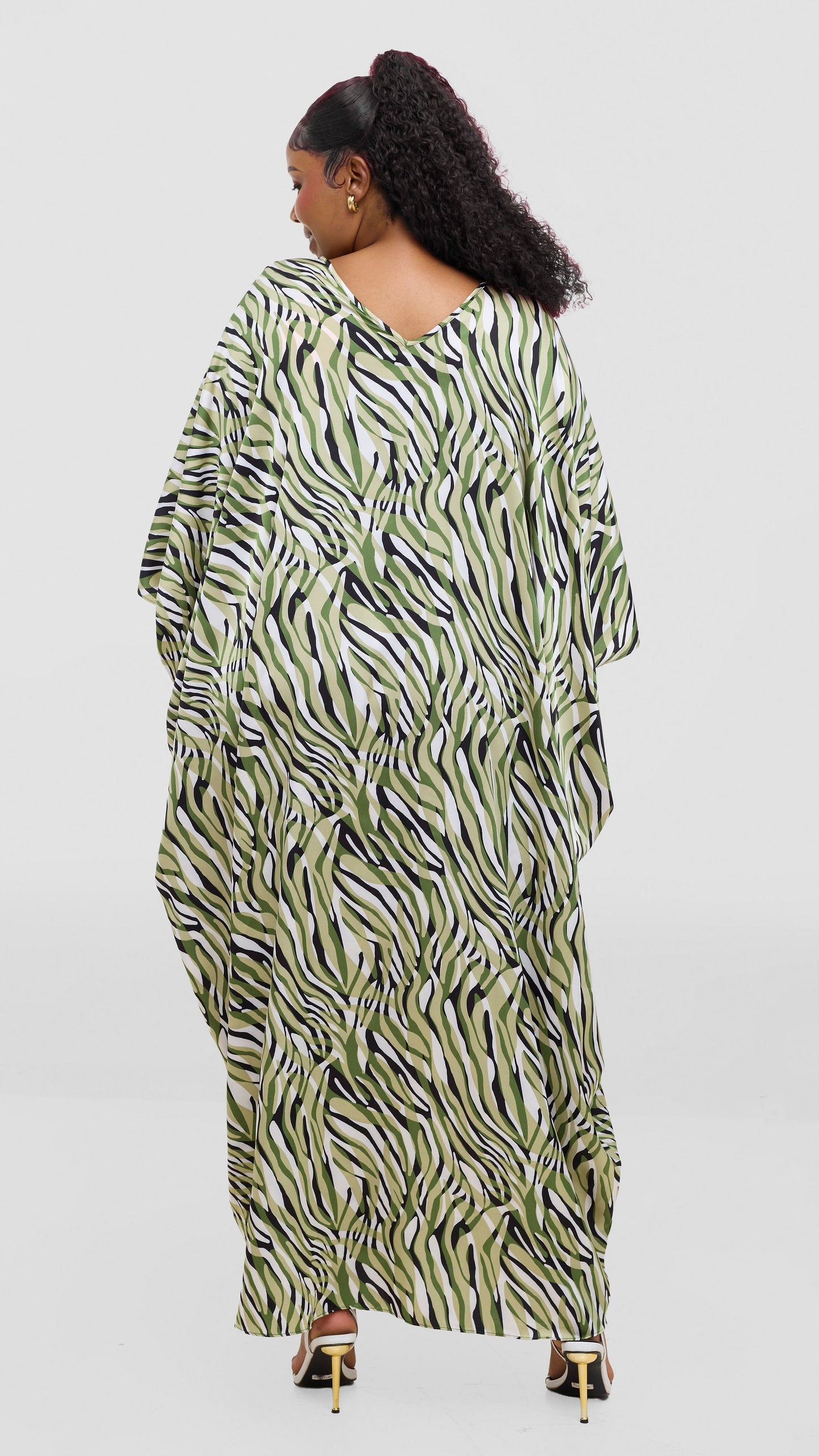 Vivo Keza V Neck Maxi Kaftan In Satin - Mint / Green Print