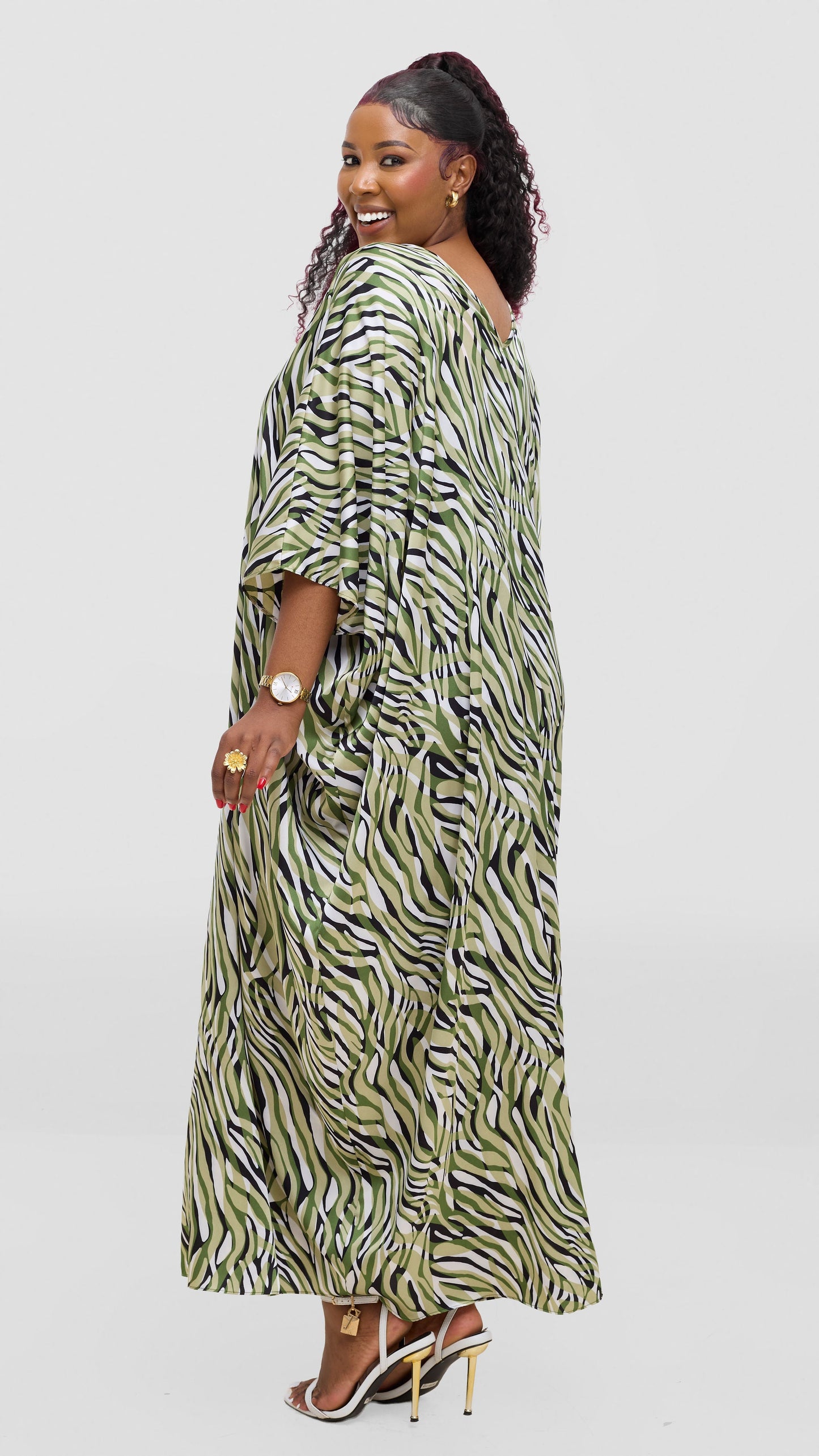 Vivo Keza V Neck Maxi Kaftan In Satin - Mint / Green Print
