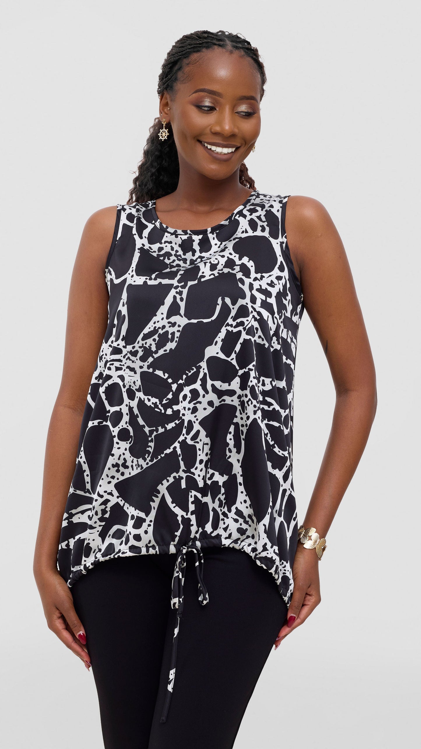 Vivo Liora Sleeveless Drawstring Top In Satin - Grey / Black Print