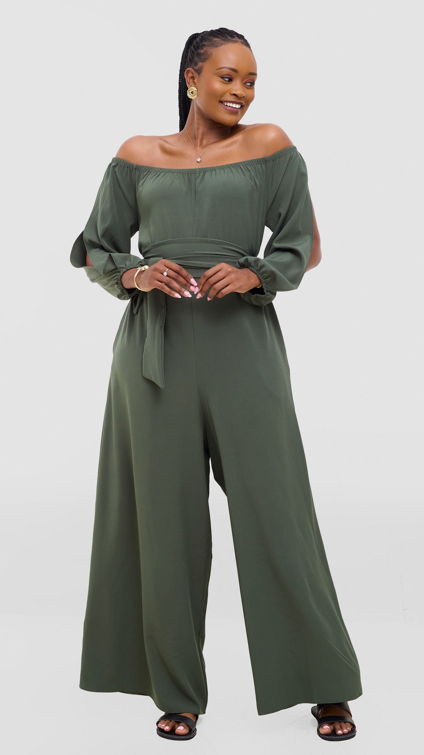 Vivo Yumi Off Shoulder Jumpsuit In Crepe - Dark Green