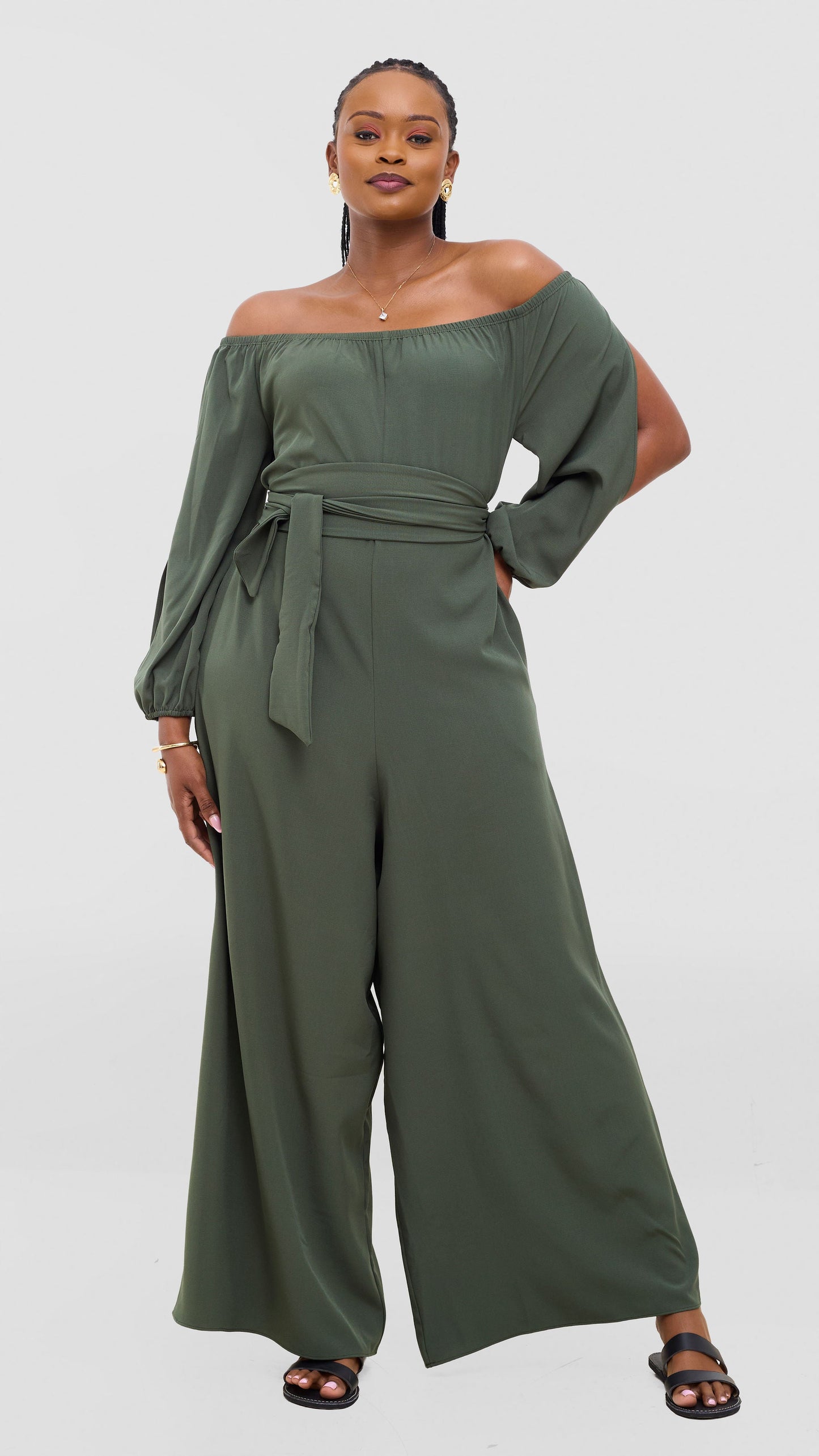 Vivo Yumi Off Shoulder Jumpsuit In Crepe - Dark Green