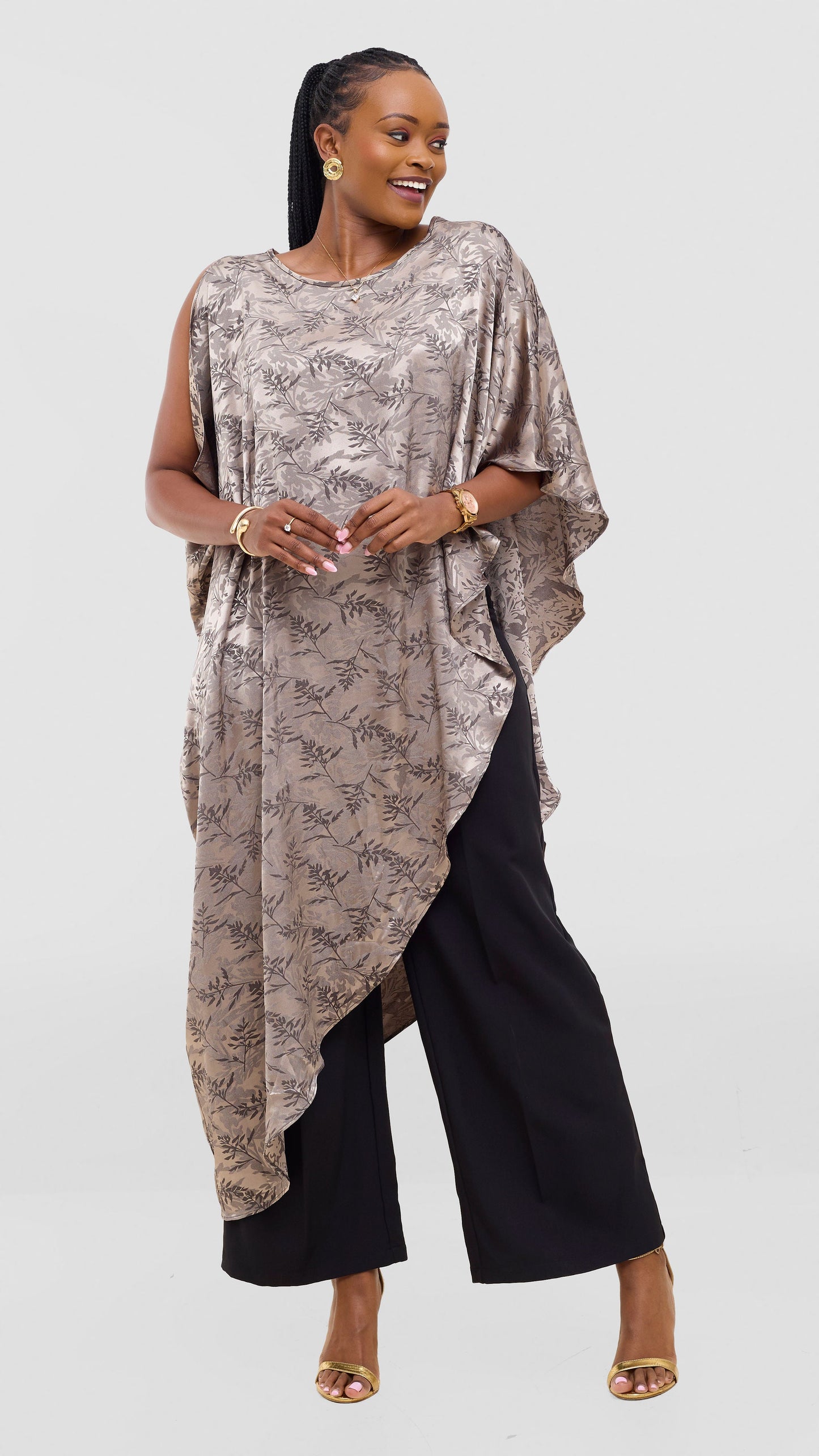 Vivo Liora Asymmetrical Satin Kaftan Top - Olive Textured Print