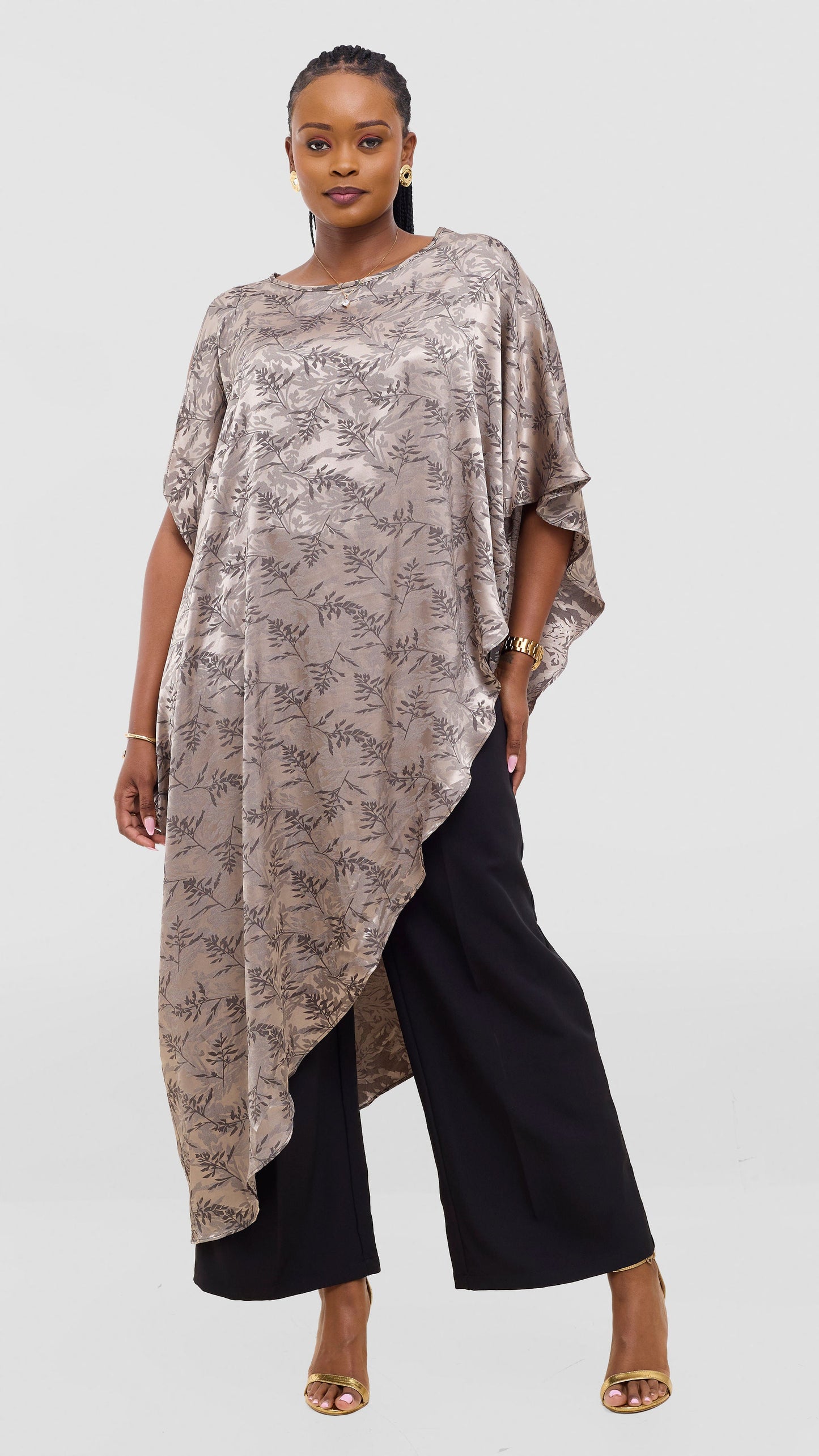 Vivo Liora Asymmetrical Satin Kaftan Top - Olive Textured Print