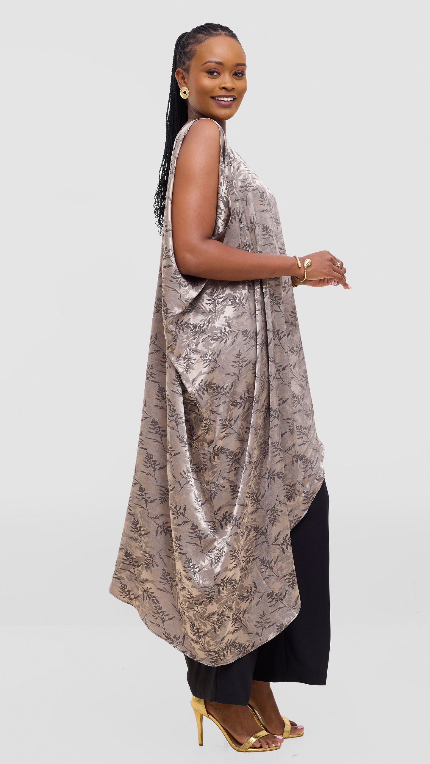 Vivo Liora Asymmetrical Satin Kaftan Top - Olive Textured Print