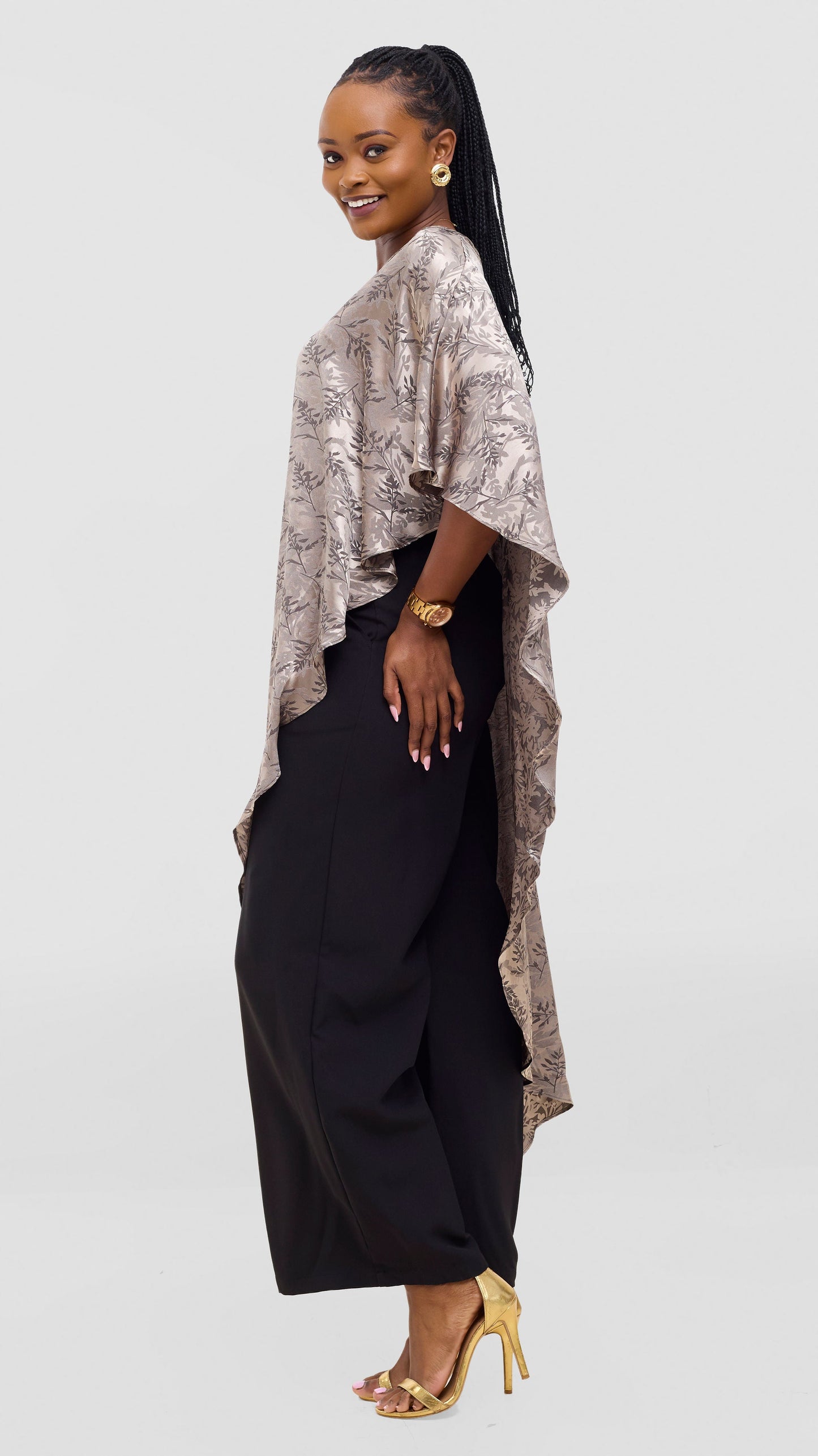 Vivo Liora Asymmetrical Satin Kaftan Top - Olive Textured Print