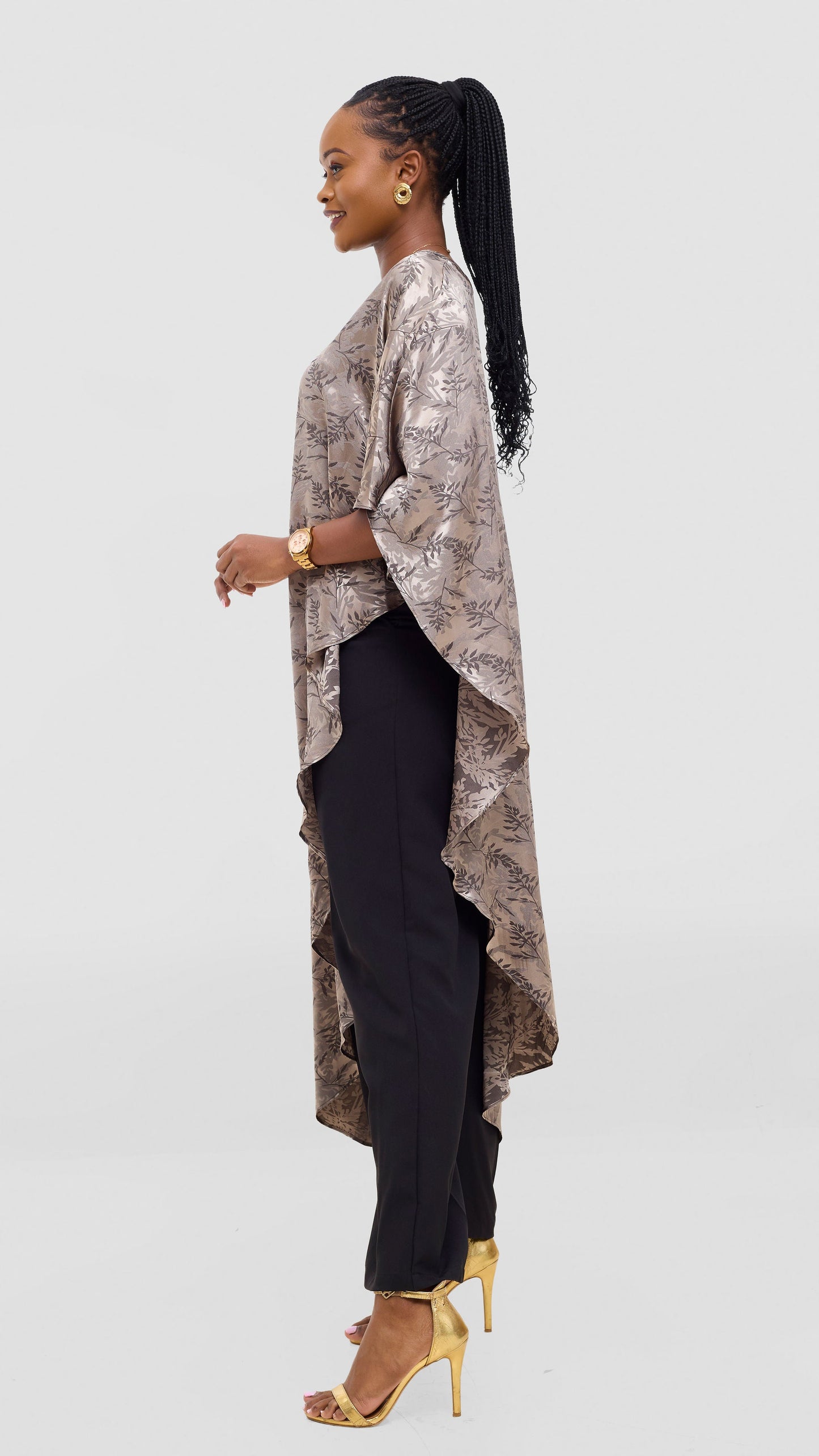 Vivo Liora Asymmetrical Satin Kaftan Top - Olive Textured Print