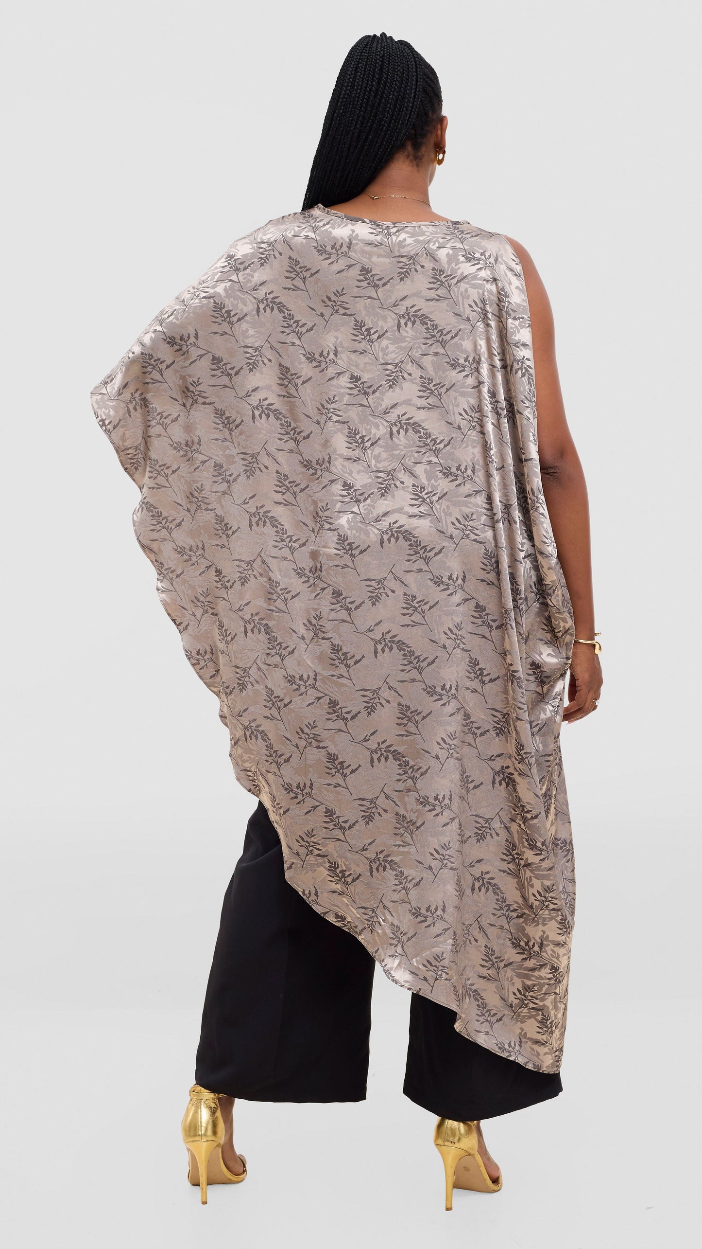 Vivo Liora Asymmetrical Satin Kaftan Top - Olive Textured Print