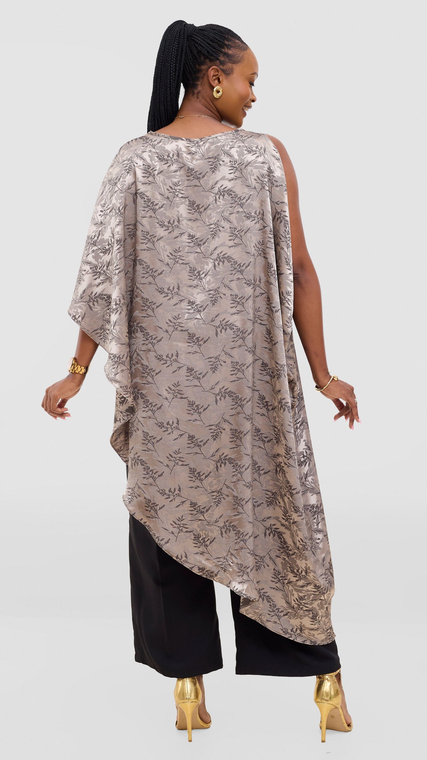 Vivo Liora Asymmetrical Satin Kaftan Top - Olive Textured Print