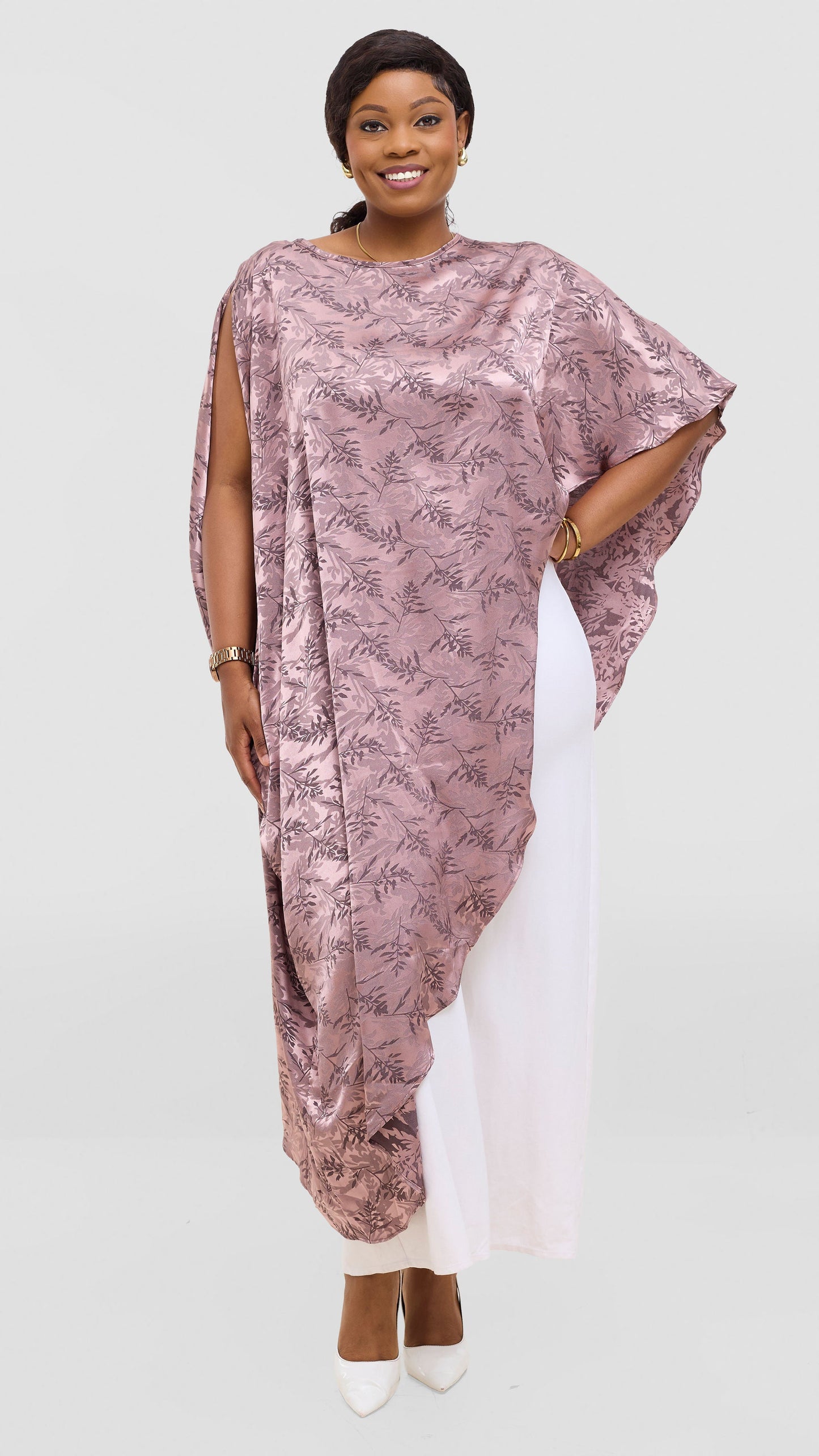Vivo Liora Asymmetrical Satin Kaftan Top - Brown Textured Print