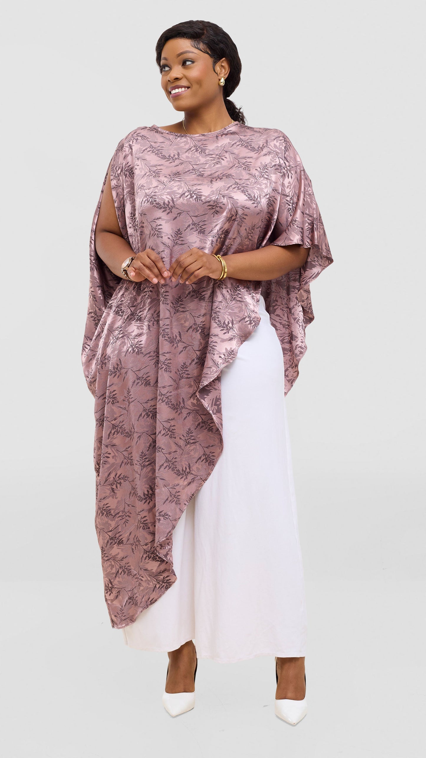 Vivo Liora Asymmetrical Satin Kaftan Top - Brown Textured Print